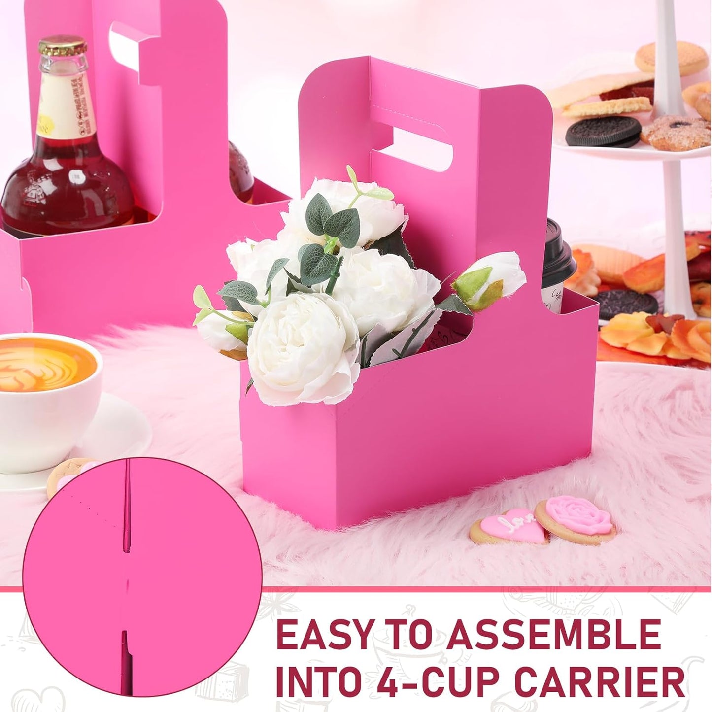 Kosiz 60 Pcs 2 Cups Drink Carrier with Handle 6.9 x 3.2 x 8.9 Inch Coffee Holder Paperboard Drink Caddy for Hot and Cold Beverage Takeout Cafe and Restaurant Xmas Wedding Food Delivery(Rose Red)