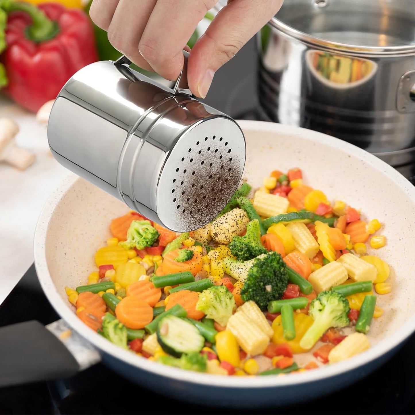 Accmor 2pcs Stainless Steel Dredge, Salt Pepper Dredge Shakers with Handle, Seasonings Spice Shakers with Lid, 10 Ounce