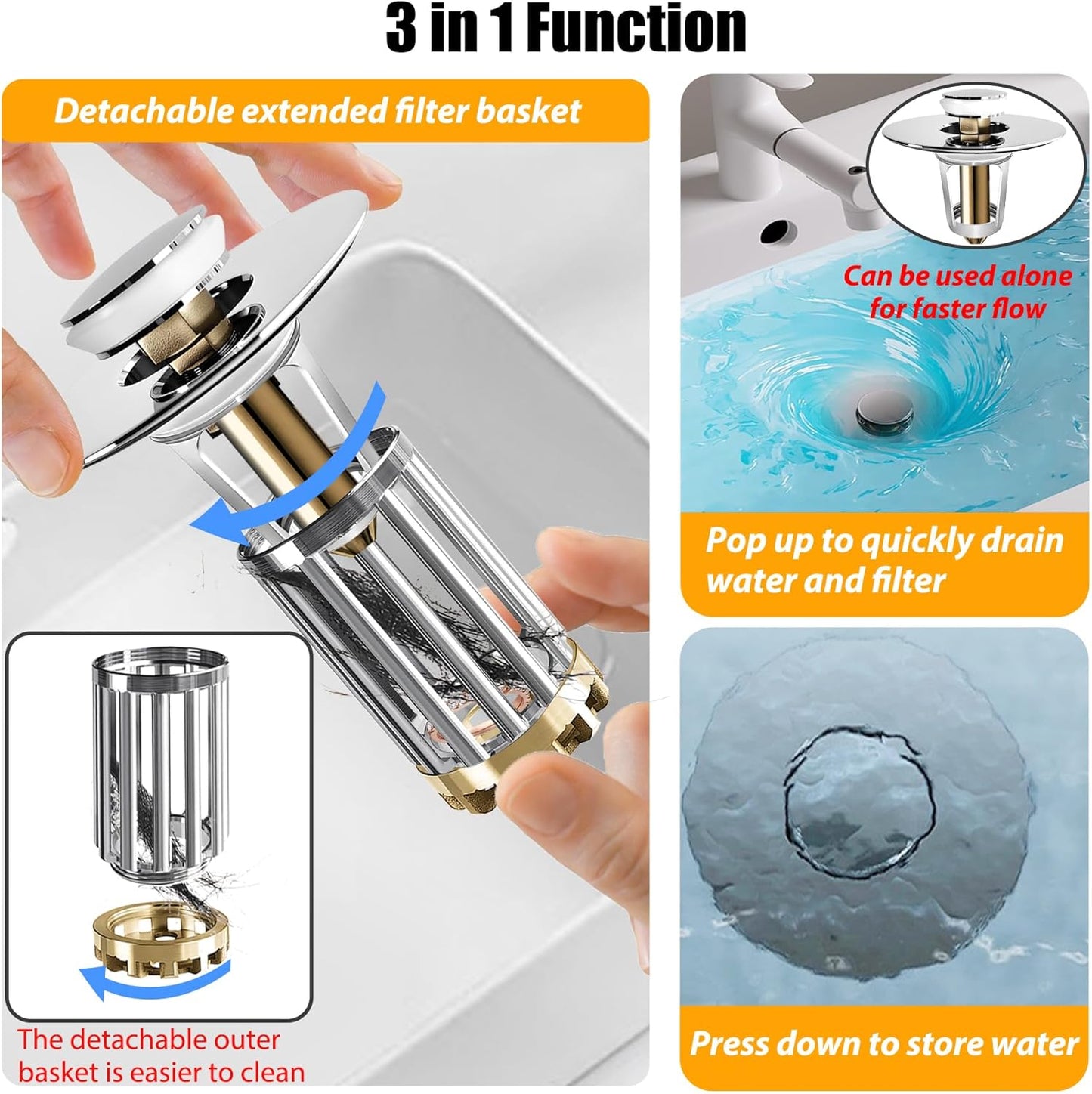 Bathroom Sink Drain Strainer, 3 in 1 Pop Up Bathroom Sink Stopper with Removable Brass Basket Hair Catcher, Universal Sink Plug for 1.06 to 1.6in Drain Hole, Chrome Silver