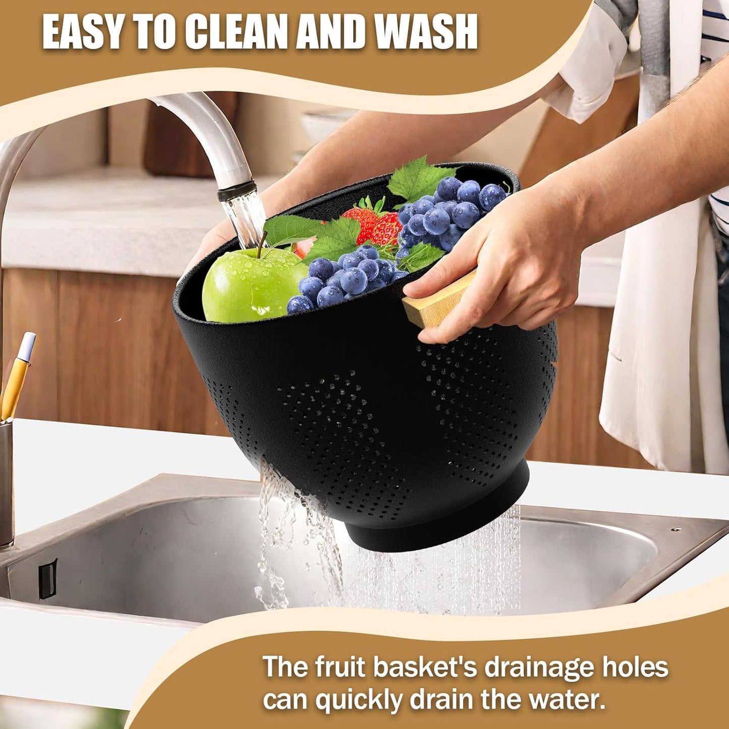 Colander for Kitchen - Strainers and Colanders - 6 Quart Large Metal Colander with Wood Handle - Food Strainer Basket for Draining Pasta, Vegetable & fruit, Kitchen Gadgets Matte Black