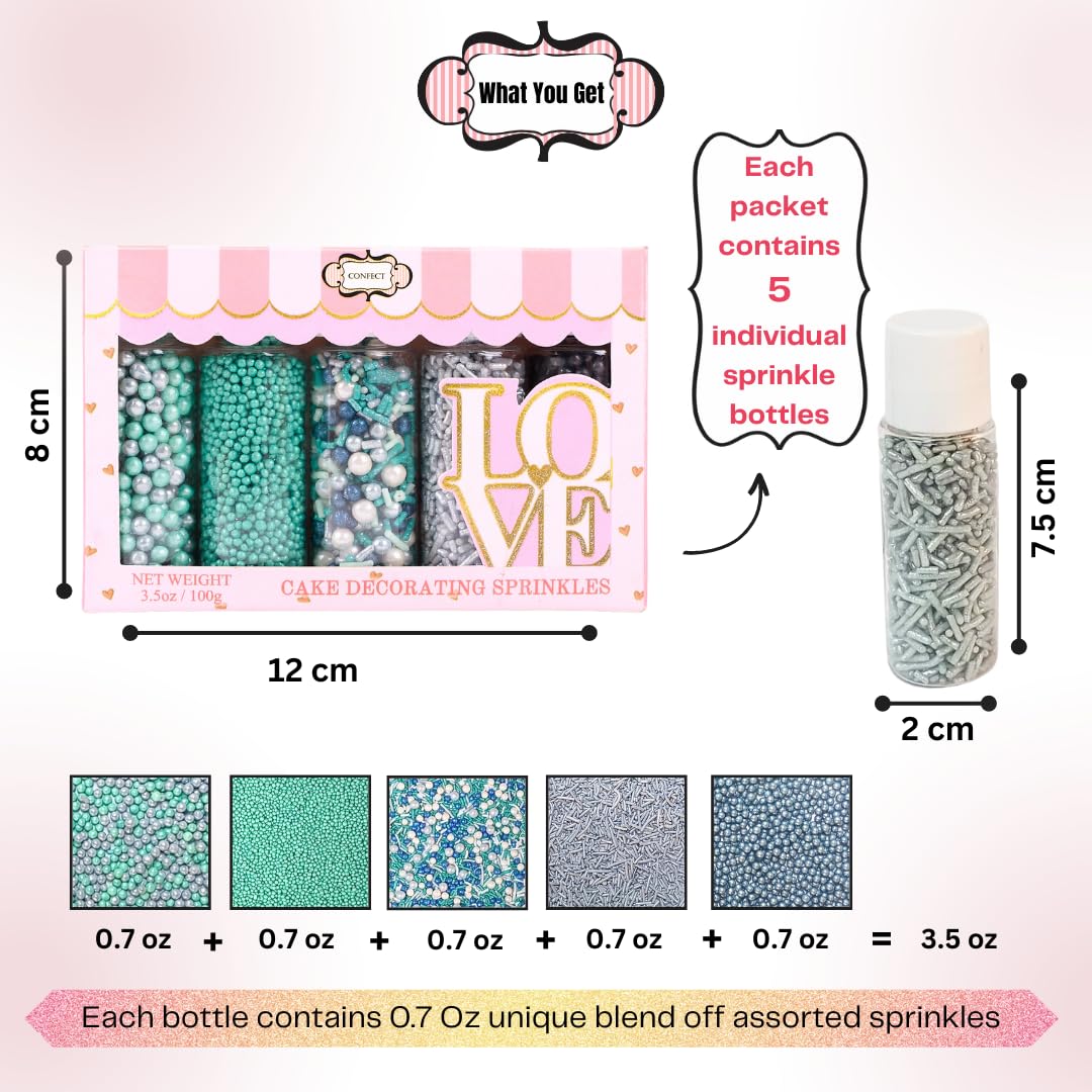 Confect Edible Sprinkles | Navy Blue & Teal Dragees, Green & White Jimmies, Bright Blue Sparkling Sugar | Baking Toppings & Decorations | Sprinkle for Cake & Cupcake Decorating – Vegan, Gluten-Free, Nut-Free, Soy-Free, Dairy-Free, Palm Oil-Free-5 Oz