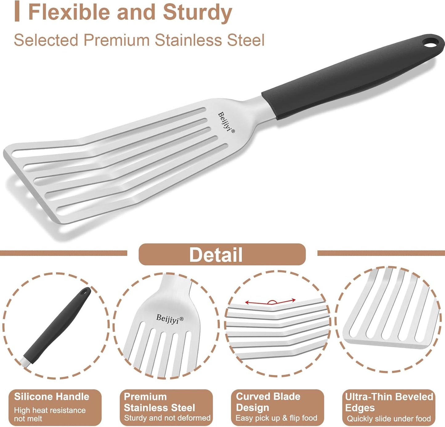 Beijiyi Stainless Steel Fish Spatula Set, 13.5" & 11.7" Metal Spatulas for Kitchen Use, Thin Edge Slotted Fish Turner Spatula for Flipping and Grilling, Cooking Untensils with Silicone Handle