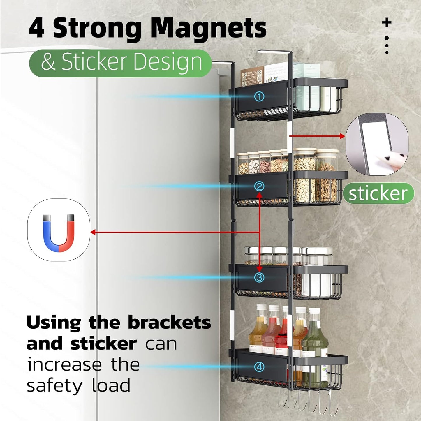 Warome Magnetic Spice Rack for Refrigerator, 4 Pack Shelves with 6 Utility Hooks, Kitchen Organization and Storage Gadgets