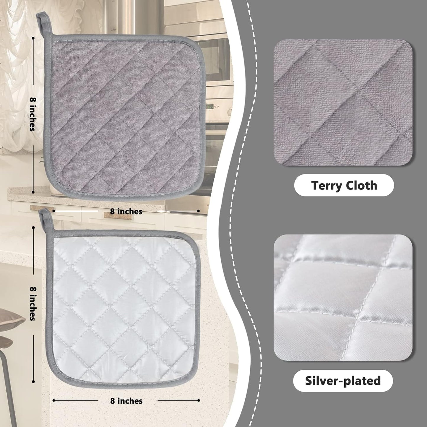 Joyhalo 4 Pack Pot Holders for Kitchen,Cotton Oven Holder with Great Heat Resistance,Non Slip Hot Pads for Kitchen Clearance,Grey