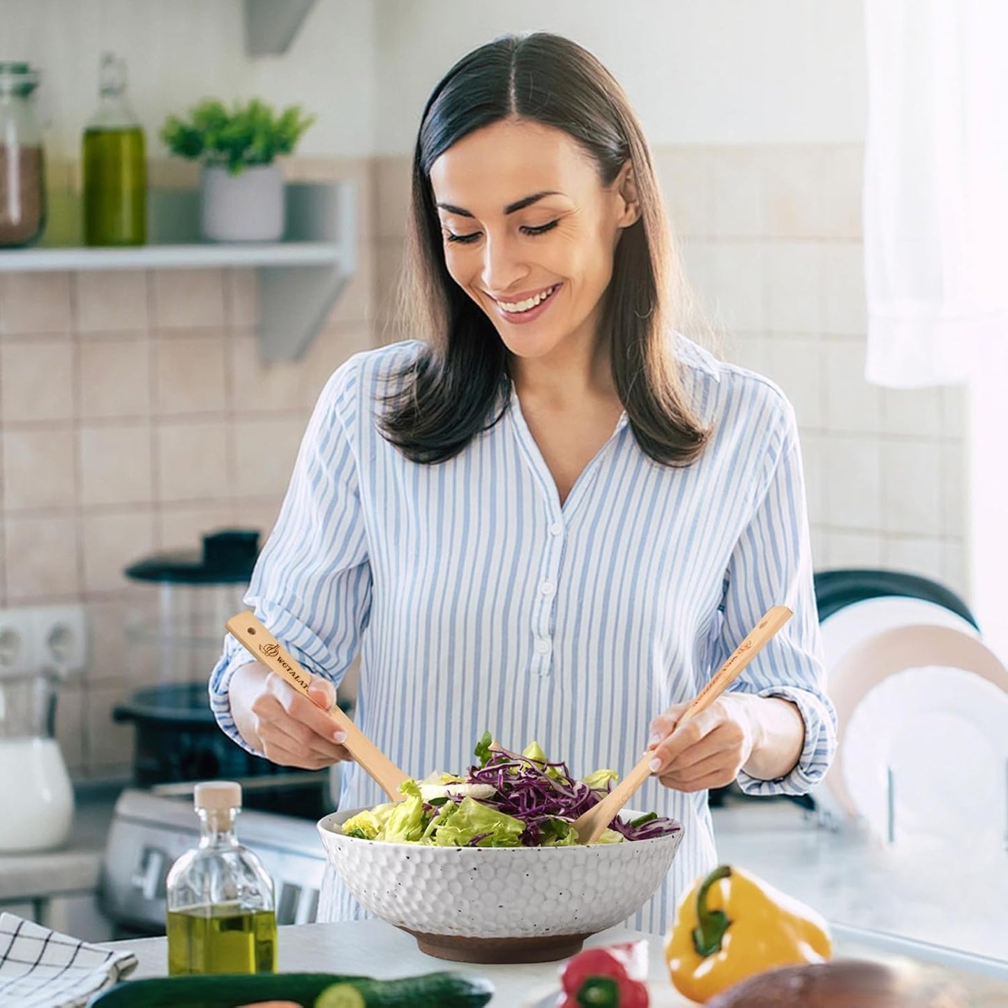 Wotalation Large White Ceramic Salad Serving Bowl - 9.4 Inch Party Bowl for Holidays, Fruit Bowl with Bamboo Utensils (57.4oz), Microwave & Dishwasher Safe