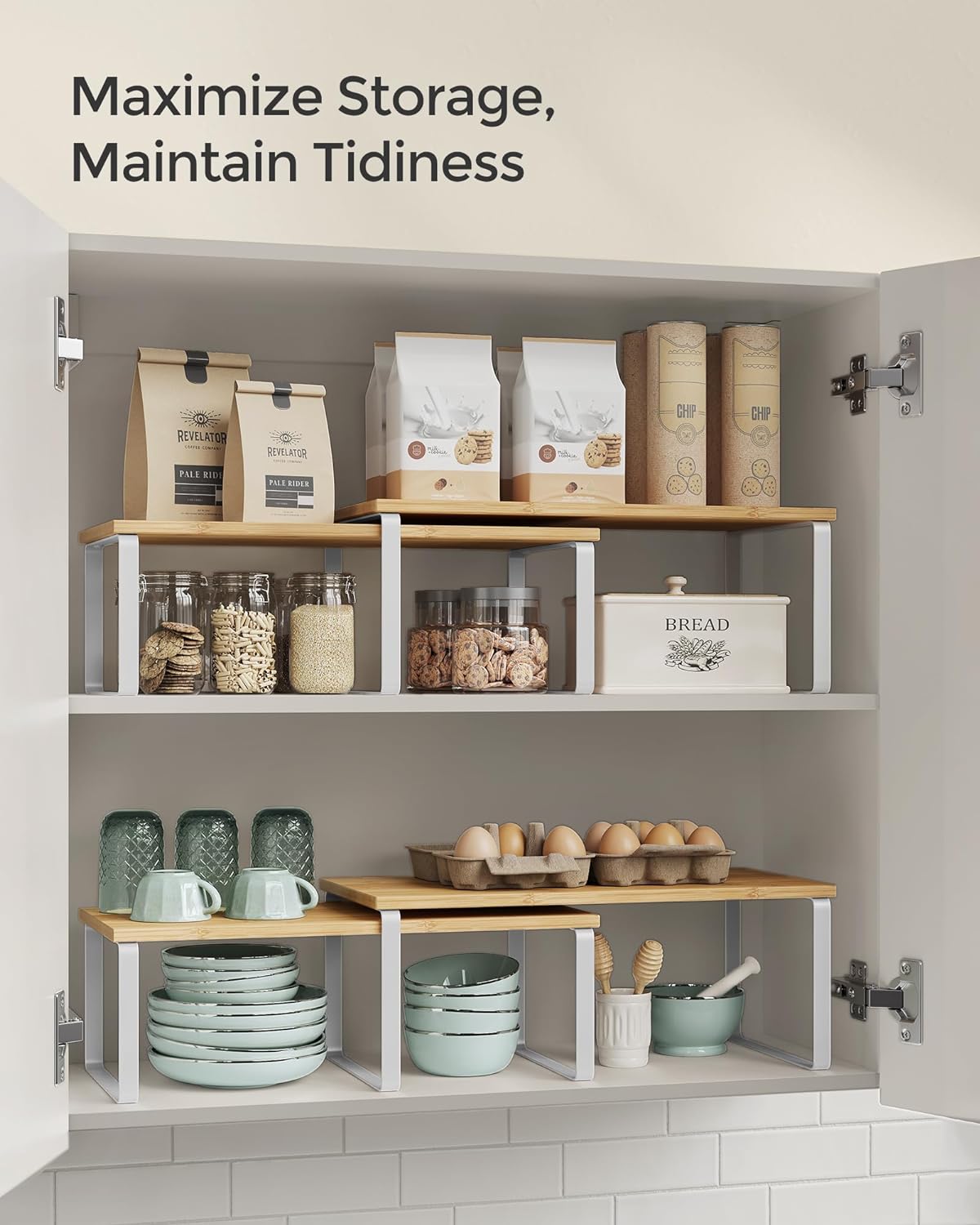 SONGMICS Cabinet Organizer Shelf, Set of 2 Kitchen Counter Shelves, Kitchen Storage, Spice Rack, Stackable, Expandable, Metal and Engineered Wood, Cloud White and Natural Beige UKCS200W01