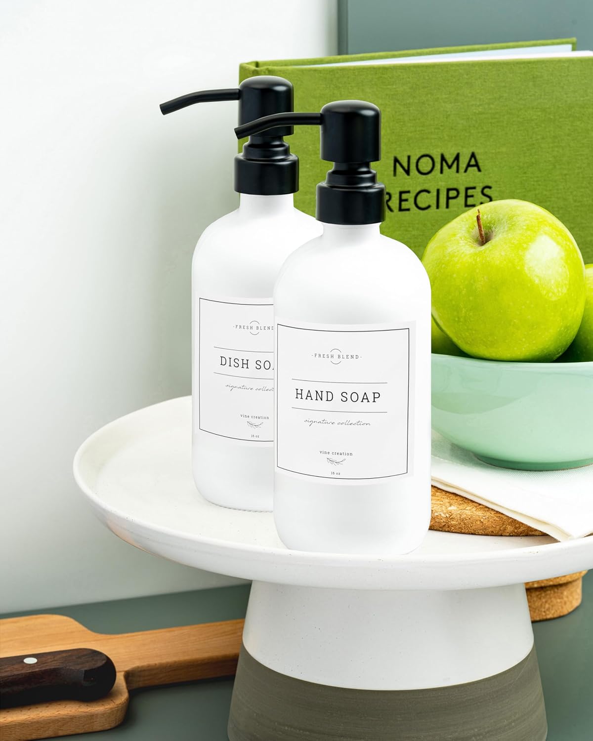 Vine Creations White Glass Soap Dispenser, 2 Pack Kitchen Soap Dispenser Set with Stainless Steel Pump, 16 oz Dish Soap and Hand Soap Dispensers for Bathroom with Waterproof Labels