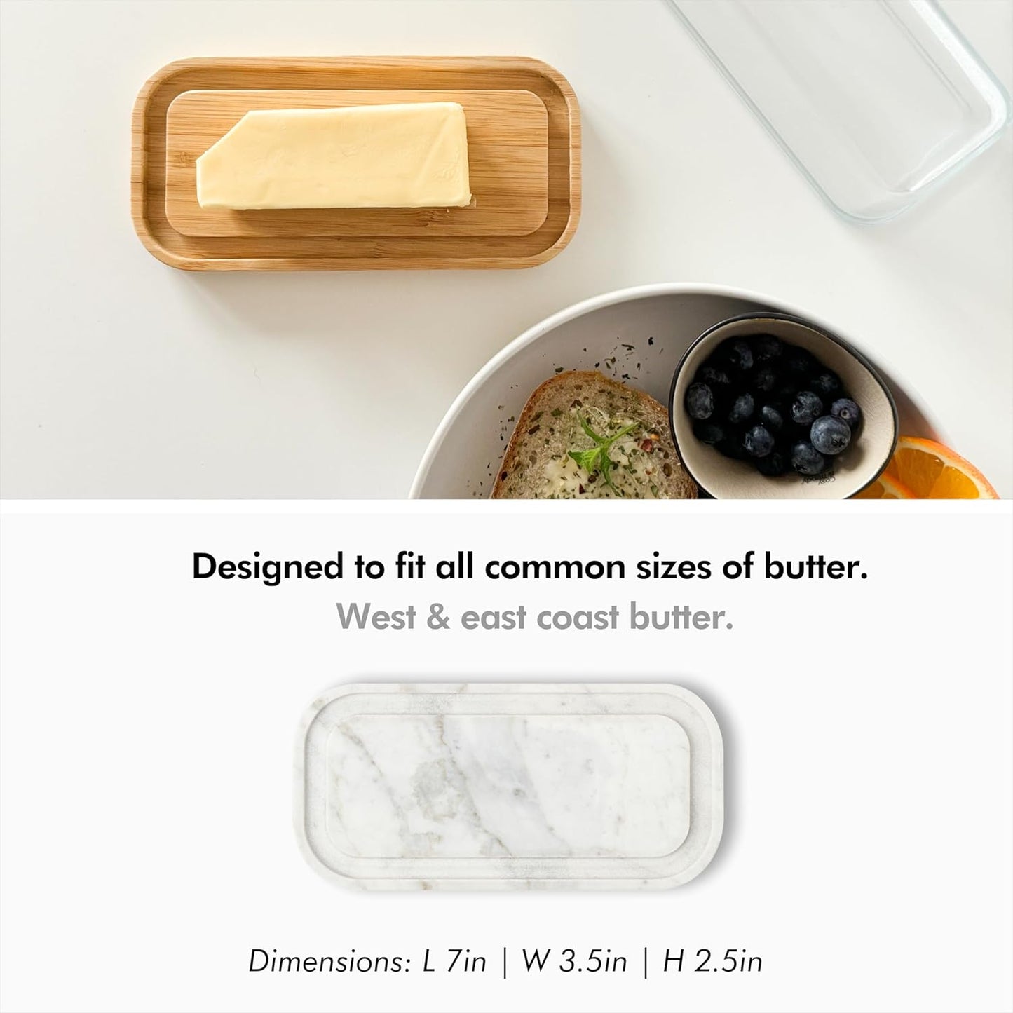 KIVY Butter Dish (White Marble & Glass) - For countertop and refrigerator door shelf - Marble butter keeper - Stone butter dish - Glass butter dish with lid - Dishwasher Safe