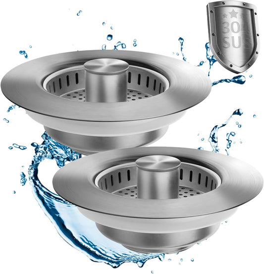 3 in 1 Kitchen Sink Drain Strainer, Upgraded Stainless Steel Sink Stopper Anti-Clogging Pop Up Sink Strainer with Basket Strainer for US Standard 3-1/2" Drain (Silver-2Pcs)
