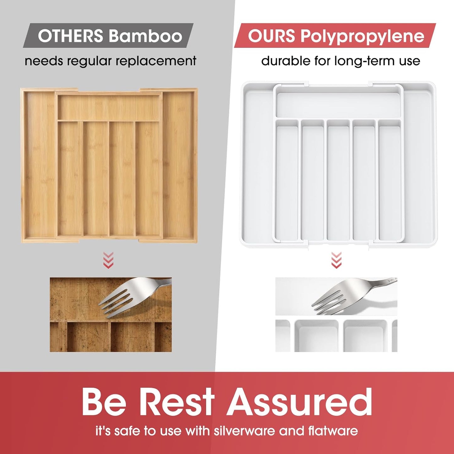 Aujen Silverware Organizer - Expandable Kitchen Drawer Organizer, Adjustable Utensil Organizer, Cutlery Tray for Forks, Knives, Multipurpose Kitchen Organizers and Storage Solution, White, Large