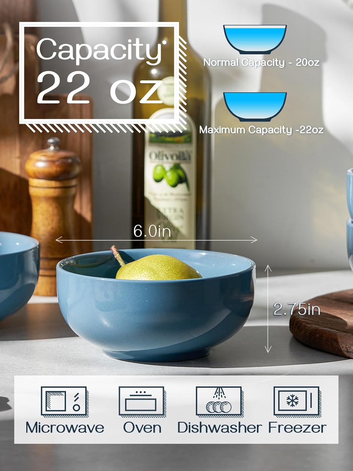 DOWAN 22 OZ Ceramic Soup Bowls & Cereal Bowls - 6" Classic Bowls Set of 4 for Soup, Cereal, Oatmeal, Fruit, Rice - Dishwasher & Microwave Safe (Airy Blue)