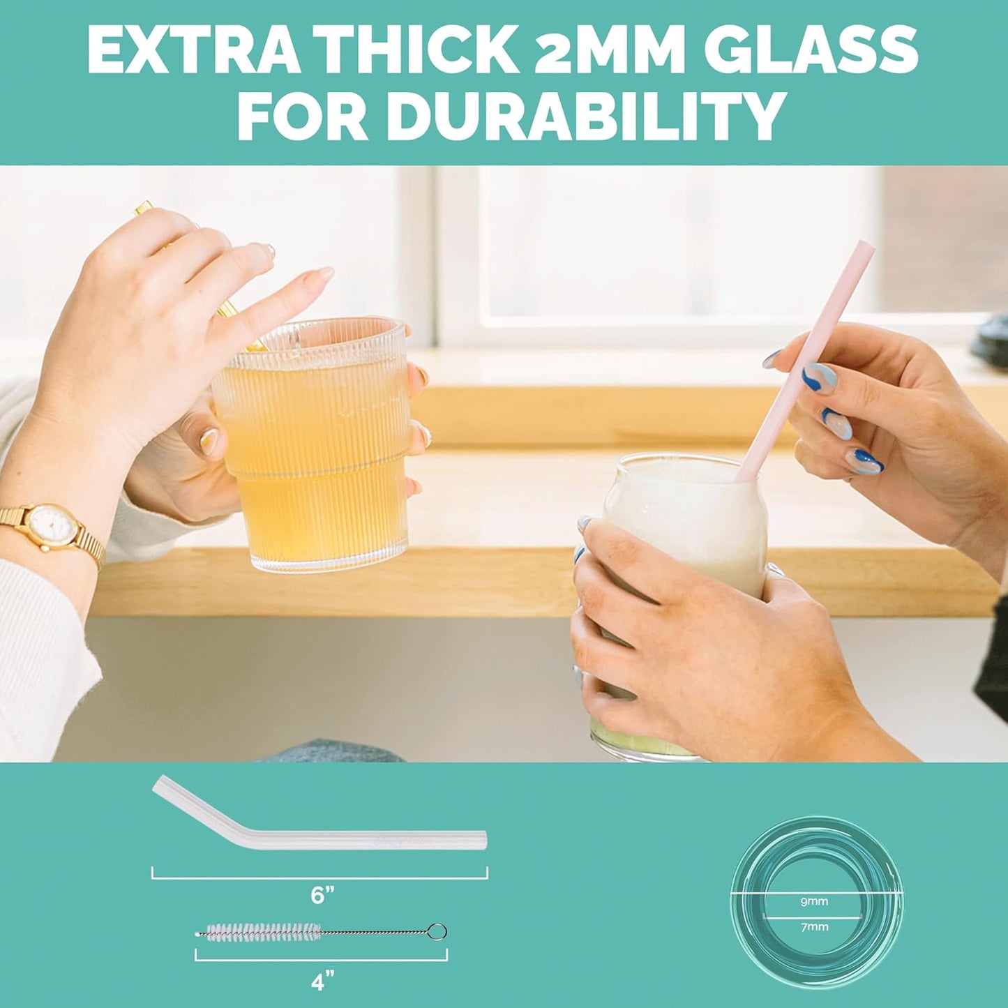 Simply Straws 6 Inch Glass Straws Bent (6-Pack) – Reusable Glass Straws for Low Balls & Stemless Glasses, with Cleaning Brush – Dishwasher Safe, Hot & Cold Use, BPA-Free (Air)