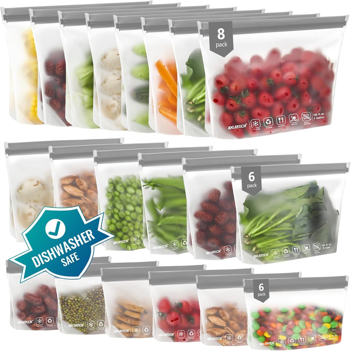 IDEATECH Food Storage Containers, BPA Free PEVA Reusable Gallon Freeezer Bags, Reusable Quart Size Sandwich Bag, Leakproof Baggies for Travel, Lunch, Healthy Food (8Gallon 6Quart 6Snack, Grey)