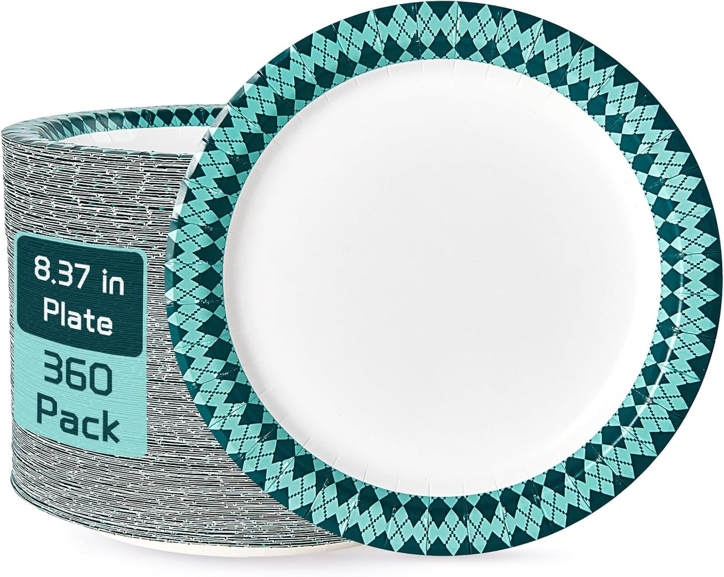 JOLLY PARTY Paper Plates Disposable, 360 Count 8.37 inch Dinner Plates, Soak Proof, Cut Proof for Everyday Use, Diamond Pattern Rim Design