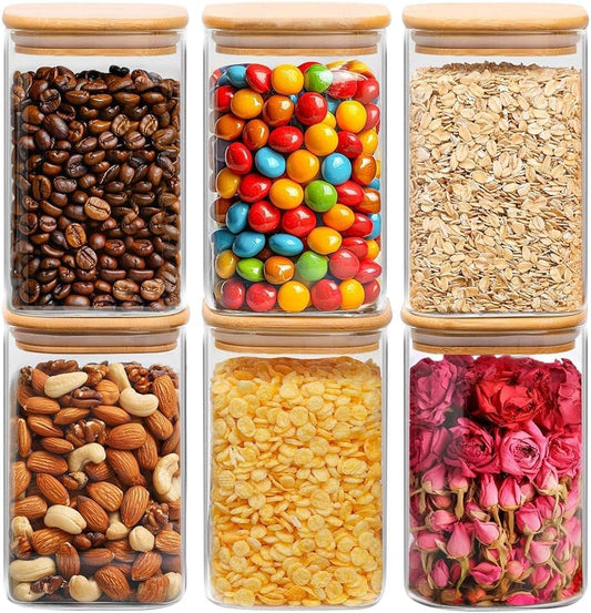 ComSaf 1.2 QT Glass Storage Containers with Lids, Glass Jars with Lids, Clear Food Jar, Square Canister Set of 6, Pantry Organizers and Storage for Cookie Flour Oat Pasta Tea Coffee Bean