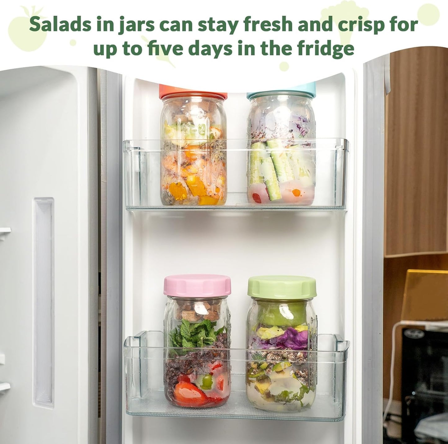 SOLIGT 4 Pack Glass Salad Jars with Lids Meal Prep, Leakproof Container for Lunch, with Wet/Dry Separation Cups, 32oz Mason Jars (Pink/Orange/Sky Blue/Olive Green)