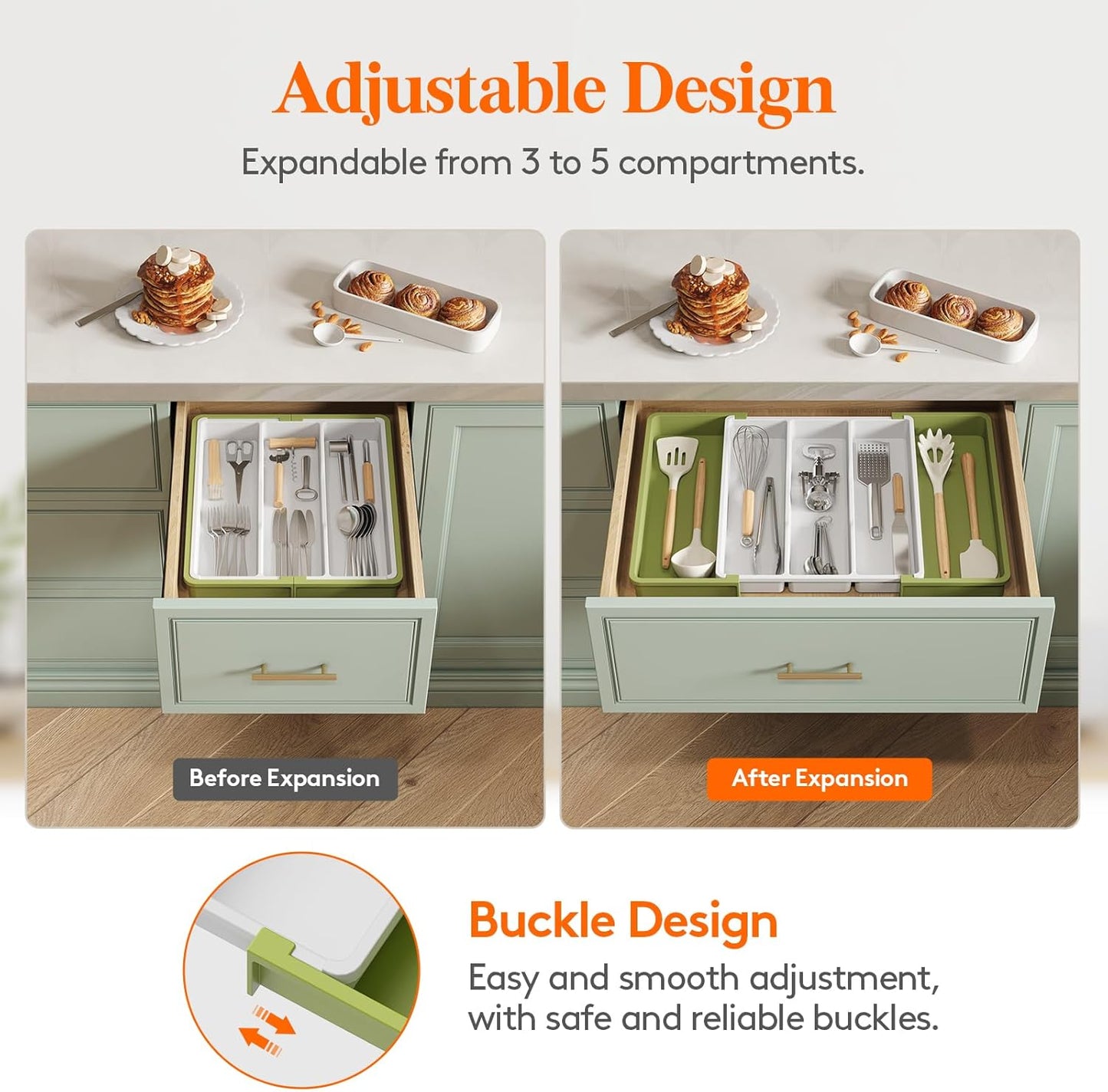 Lifewit Utensil Organizer for Kitchen Drawers, Expandable Cooking Utensil Tray, Adjustable Cutlery Silverware Flatware Holder, Spatula Tools and Gadgets Storage Divider, 13"-22.4" x 15", Green&White