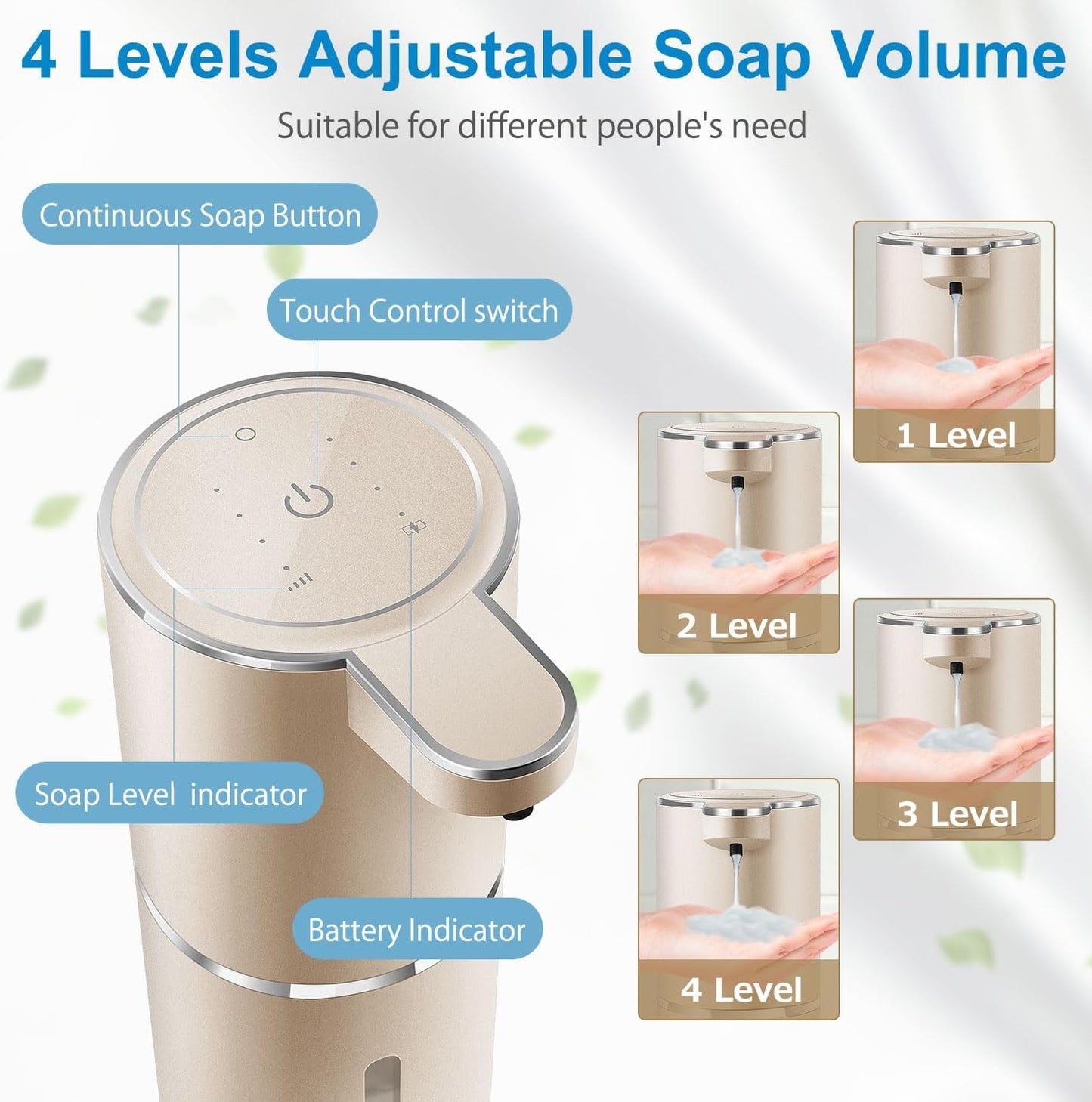 Automatic Liquid Soap Dispenser,4-Level Adjustable, Wall Mount,USB Rechargeable,12.8oz/ 380ml,Touchless Hand & Dish Soap Dispenser for Bathroom, Kitchen,Hotel, Restaurant