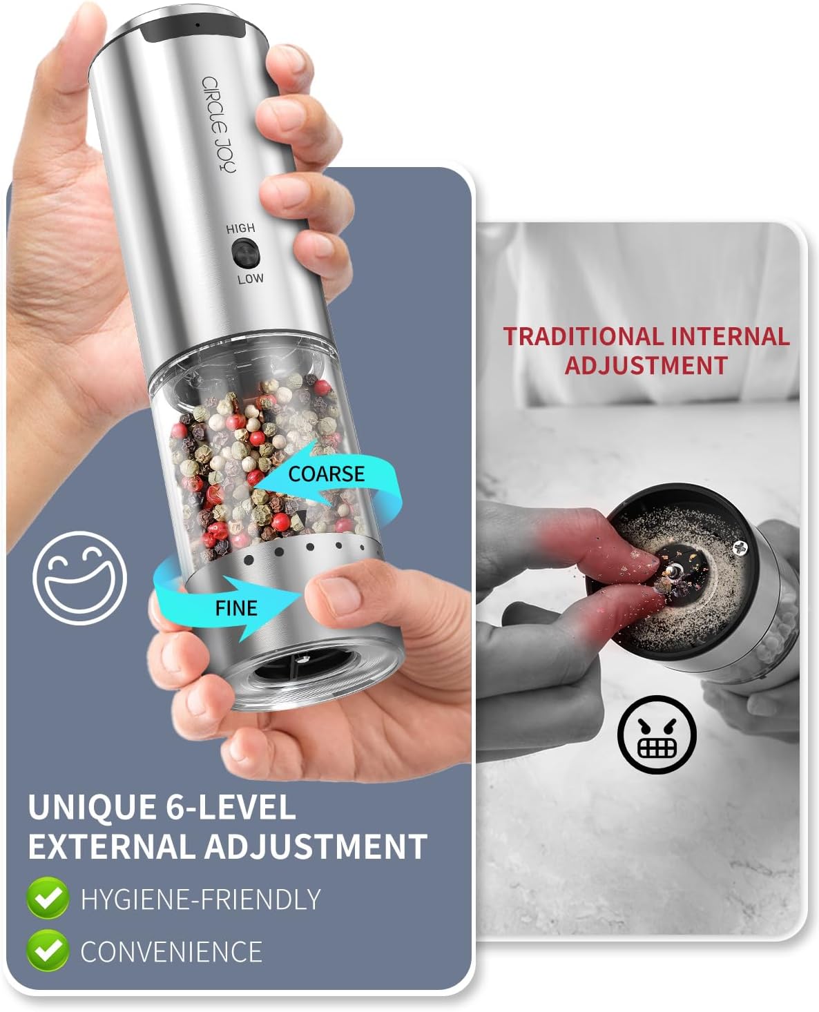 CIRCLE JOY Electric Salt and Pepper Grinder Set Stainless Steel Rechargeable Salt and Pepper Grinder Set, Variable Grinding Speed, External Adjustable Coarseness, Storage Base, White LED Light, Silver