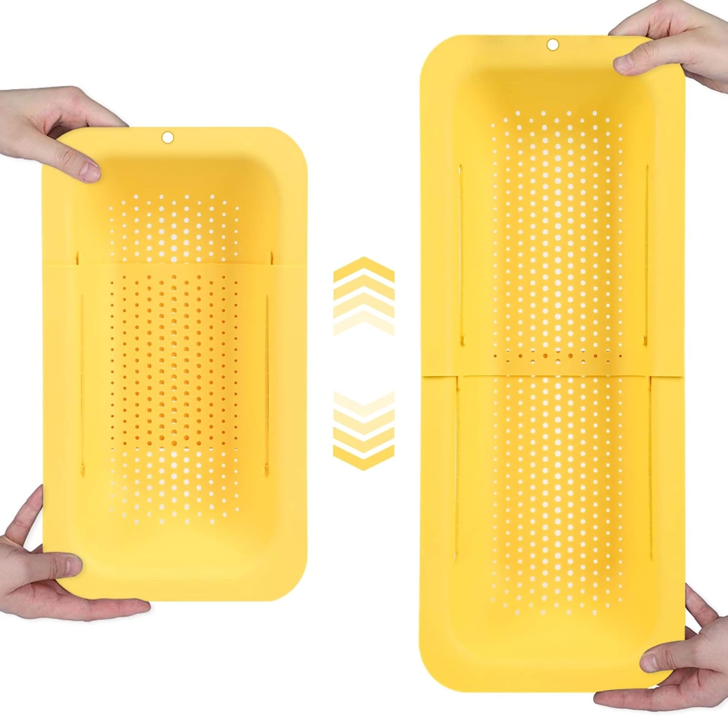 BLUE GINKGO Over the Sink Colander Strainer Basket - Wash Vegetables and Fruits, Drain Cooked Pasta and Dry Dishes - Extendable - New Home Kitchen Essentials (7.9 W x 14.5-19.5 L x 2.75 H) - Yellow