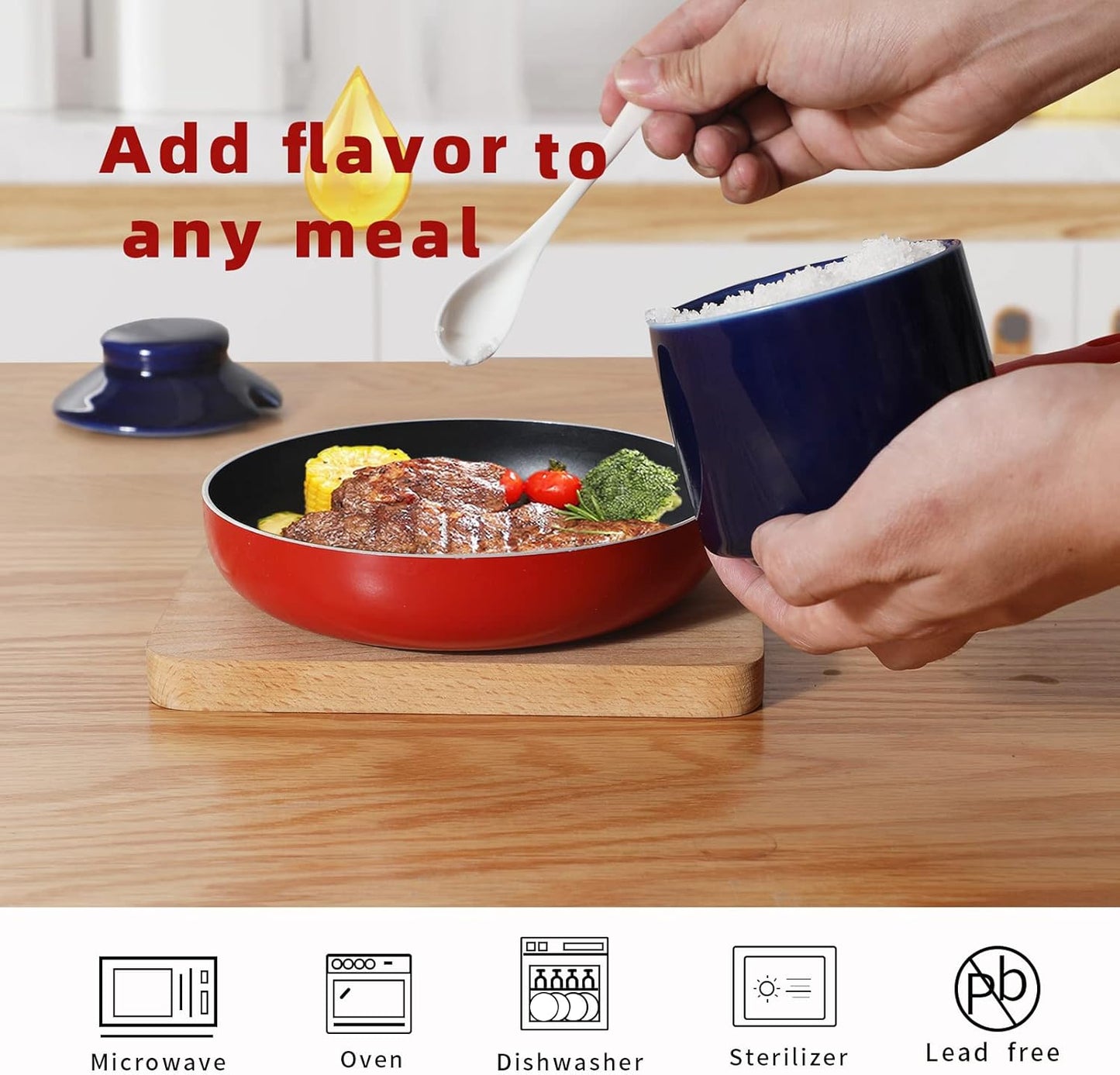 ONTUBE Ceramic Sugar Bowl with Lid and Spoon,Porcelain Seasoning Box Salt Bowl,8oz (Navy)