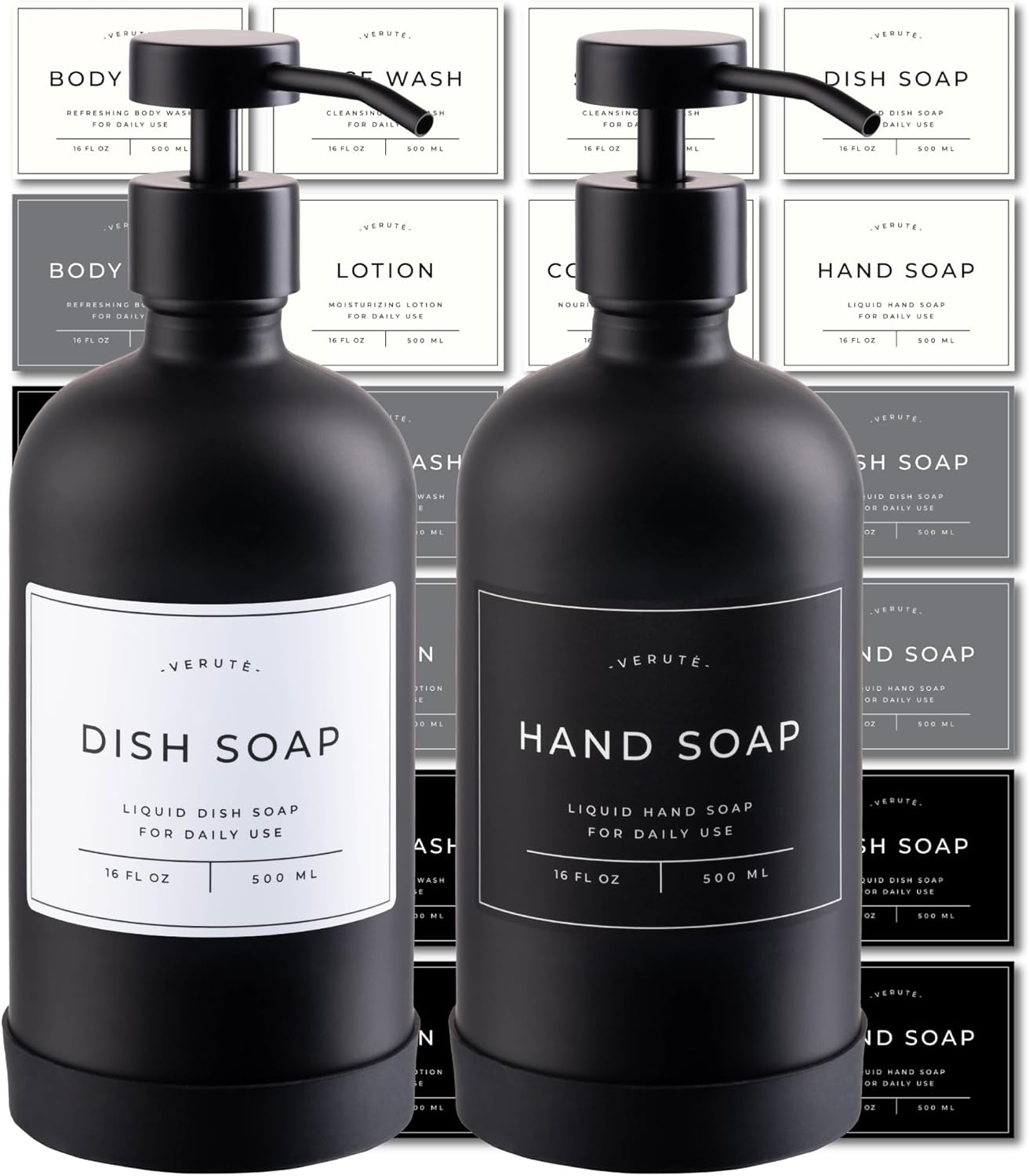 16oz Glass Soap Dispenser with Stainless Steel Pump, 21 Waterproof Labels, Non-Slip Protective Silicone Pad, Set of 2 for Bathroom & Kitchen (Matte Black Bottle/Black Pump)