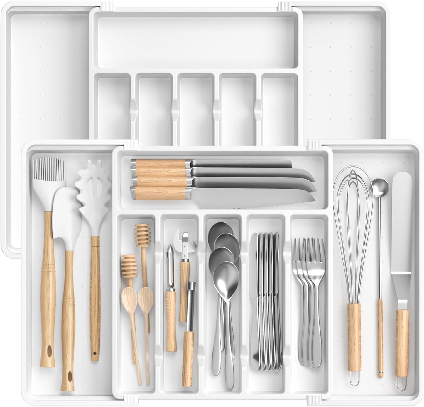 Large Silverware Organizer,Expandable Utensil Drawer Organizer,BPA Free Utensil Holder,Adjustable Silverware Tray Cutlery Drawer Organizer for Kitchen Flatware,Large,White,2 Pack