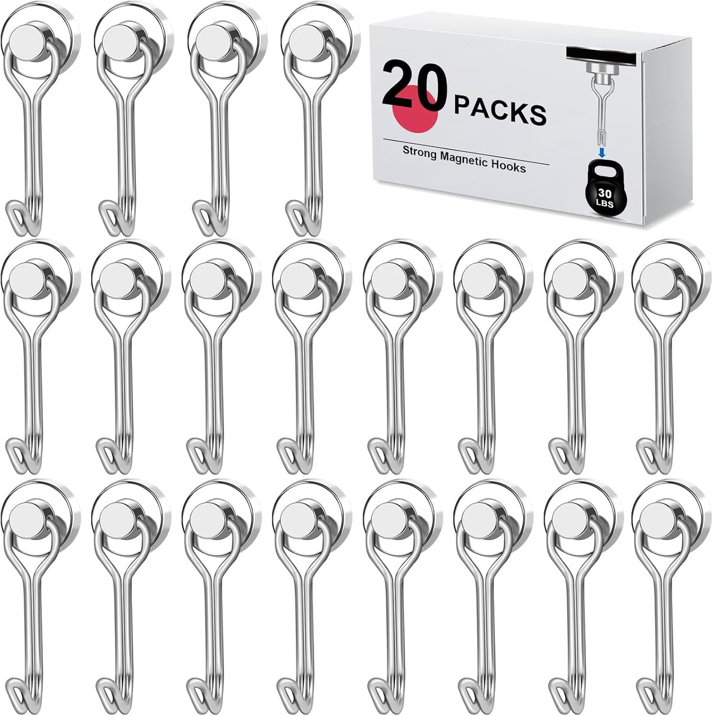 LOVIMAG Hooks, 30lbs+ Magnetic Magnet Hook 2025 Cruise Cabin Ship Essentials Heavy Duty Strong Refrigerator Fridge Hanging for Classroom Beach Vacation Kitchen Grills Home Mug Hanger (20 Pack), Silver
