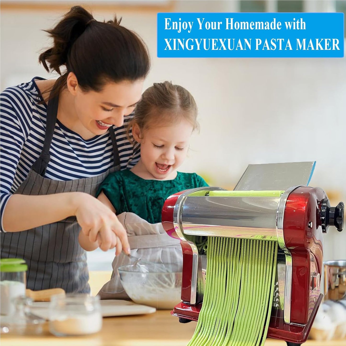 XINGYUEXUAN Electric Pasta Maker Noodle Machine with 1 Blades of 2.5 mm Round, 9 Gear Thickness Adjustment 0.3-4 mm for Pasta Noodle Dumpling (red)