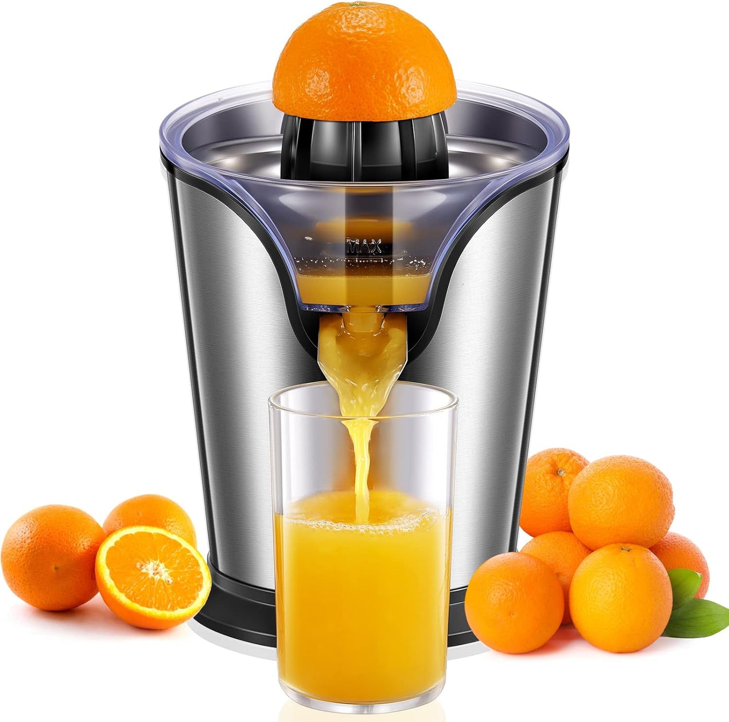 FOHERE Orange Juicer Squeezer Electric Citrus Juicer with Two Interchangeable Cones Suitable for orange, lemon and Grapefruit, Brushed Stainless Steel