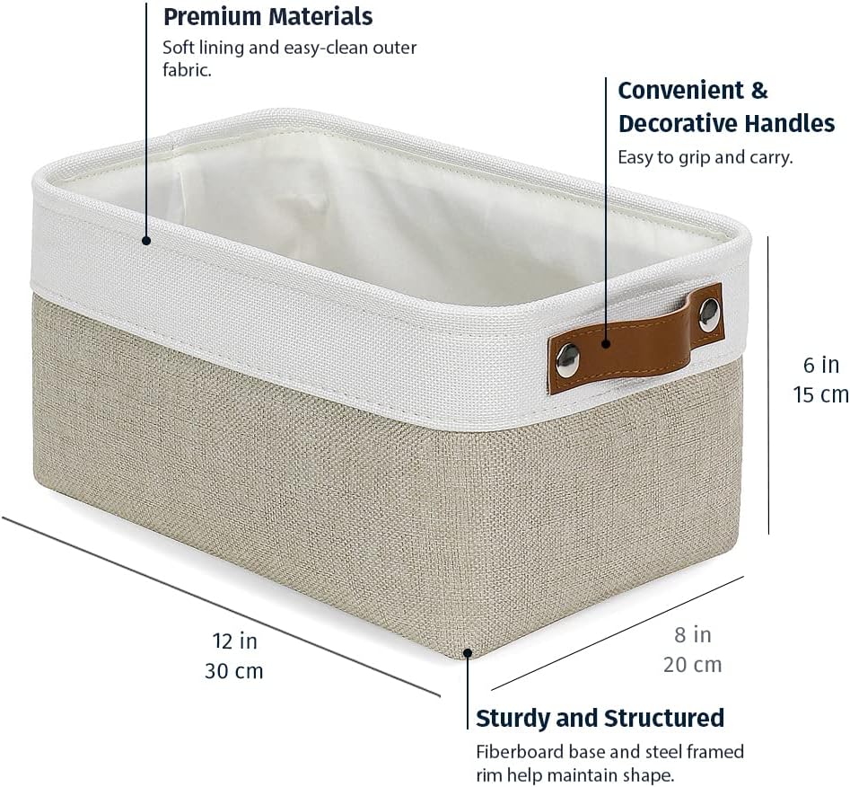 OrganiHaus Small Fabric Storage Baskets for Shelves 3 Pack, 12x8in Closet Storage Bins for Shelves, Cloth Baskets for Organizing, Linen Closet Organizers, Fabric Basket, Beige/White