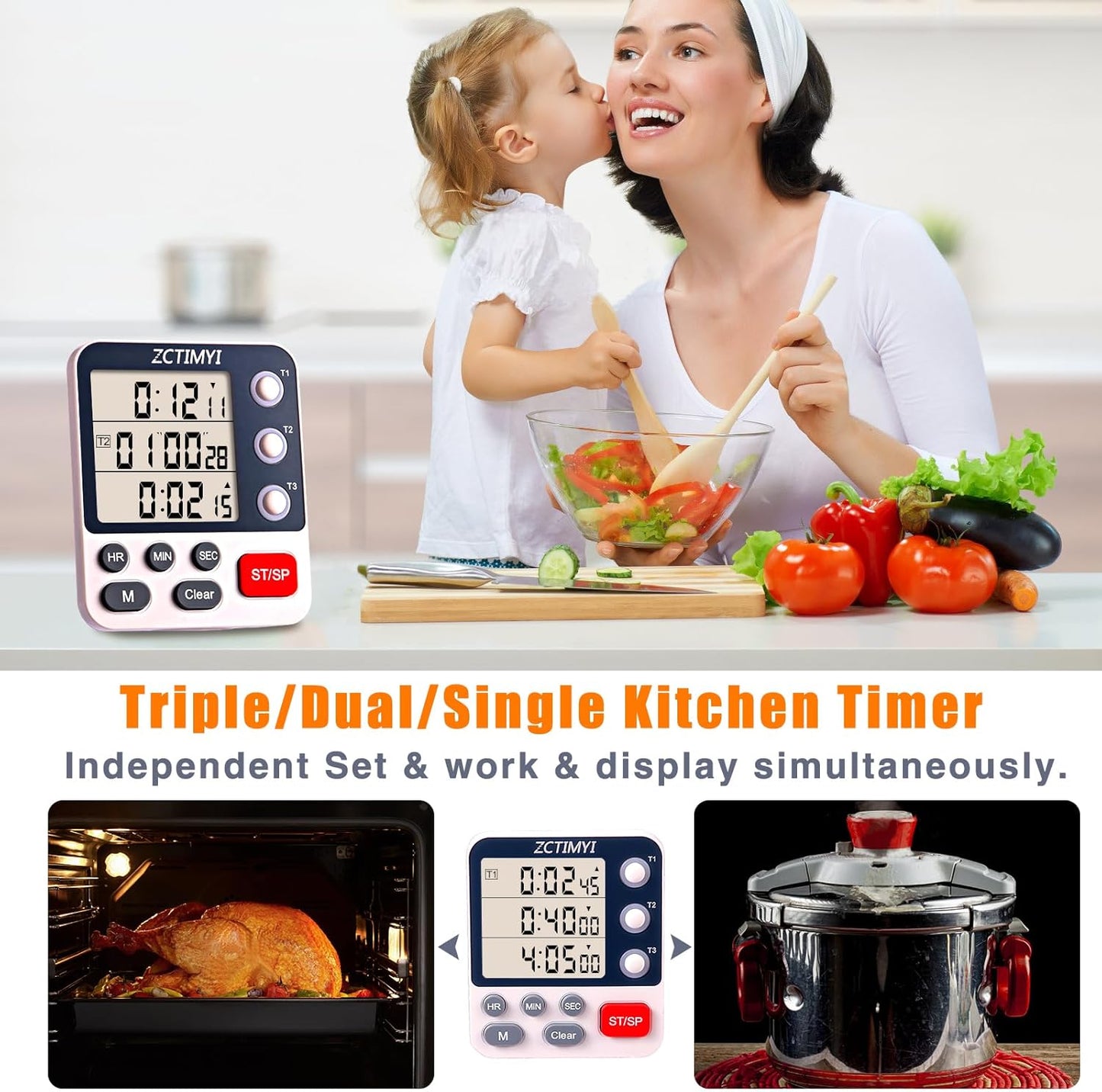 Dual Digital Timer for Kitchen Cooking, 3 Channels Count Down/Up Triple Timer with Memory Presets Magnetic Back & Large Display Adjustable Alarm Volume, Multi Times Management Suit for Baking, White