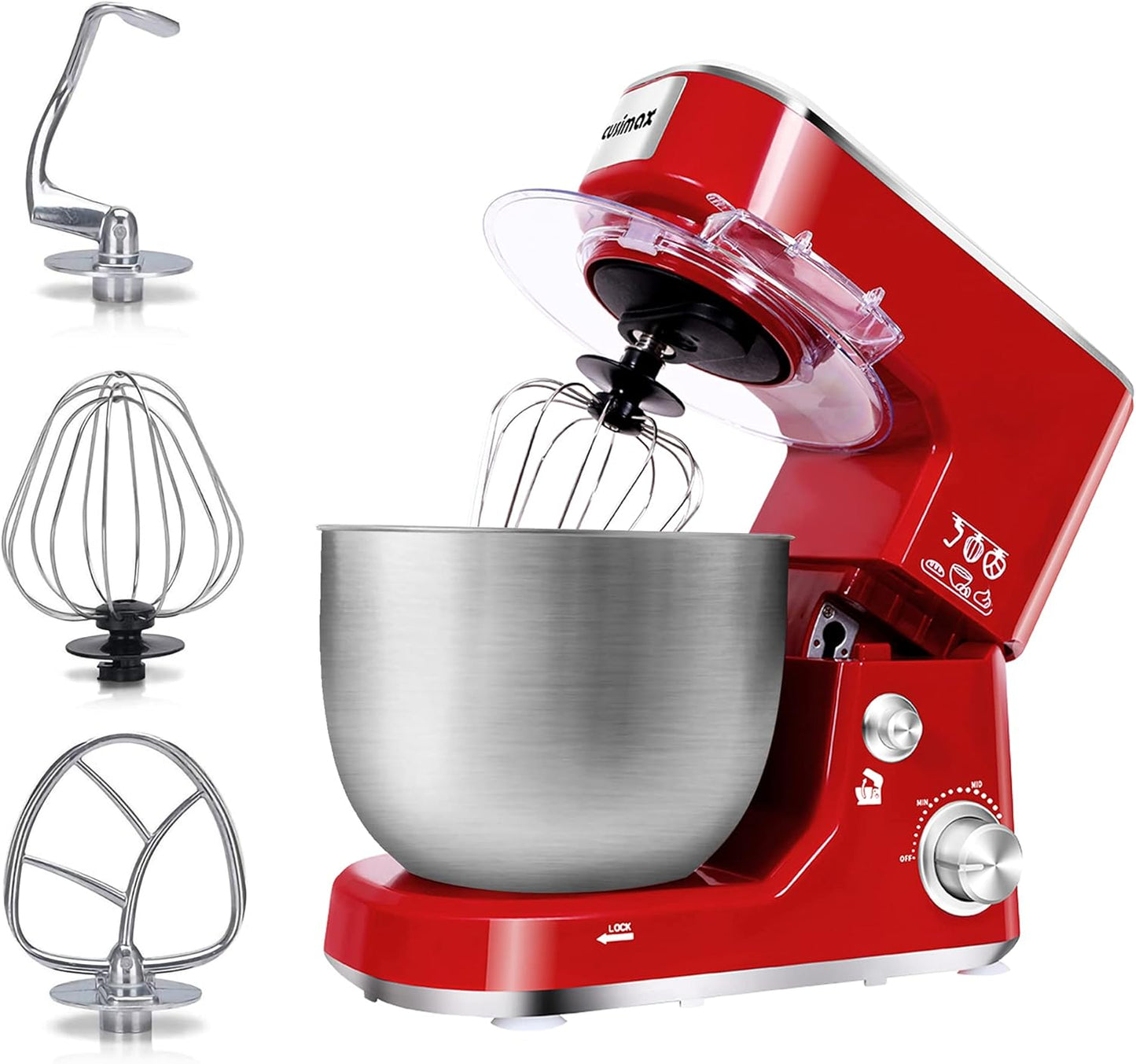CUSIMAX Stand Mixer, 5-QT Stainless Steel Bowl Food Mixer, Tilt-Head Kitchen Electric Mixer with Dough Hook, Mixing Beater and Whisk, Splash Guard, Red