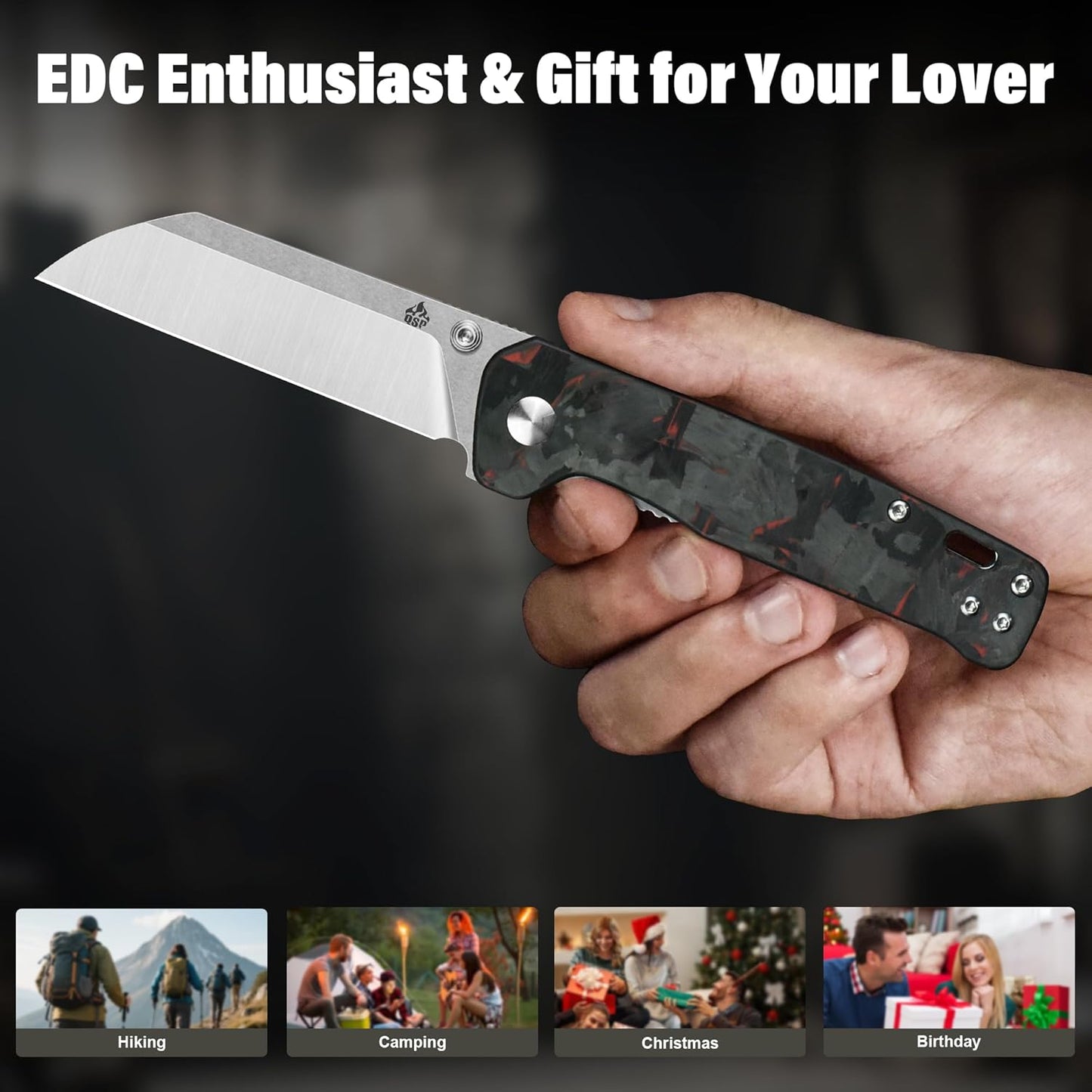 QSP Penguin V2 Folding Pocket Knife, 3.06" D2 Two Tone Finish Stonewash Satin Blade EDC Knife, Red Shredded CF Overlay G10 Handle, Liner Lock, Ceramic Ball Bearings, Reversible SS Deep Carry Clip