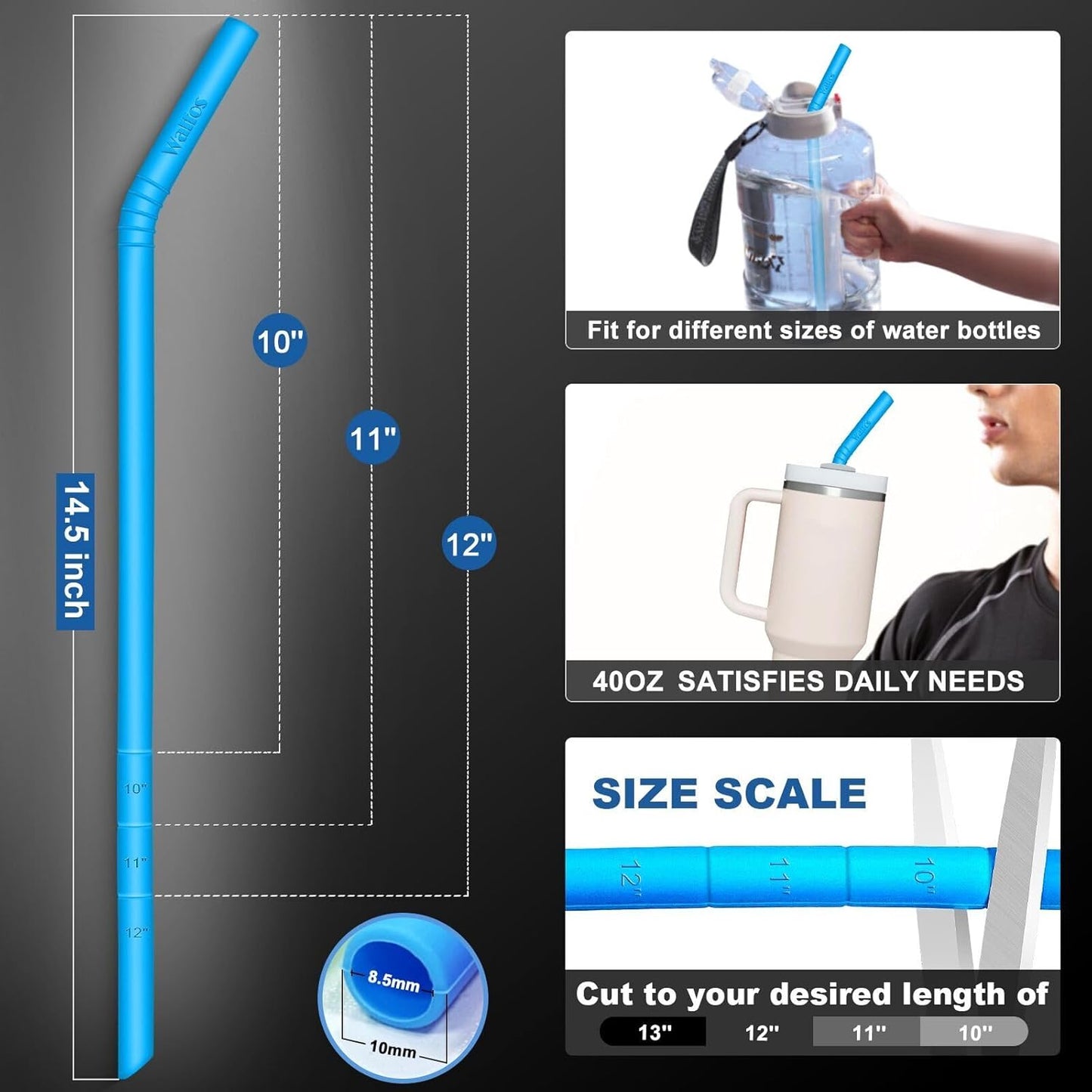 WALFOS 14.5 inch Extra Long Reusable Silicone Straws, Big Sizes Flexible Bendable Straws for 1/Half Gallon Large Water Bottles, 128 75 64 40 OZ Tumbler with Cleaning Brush (6-Pack)