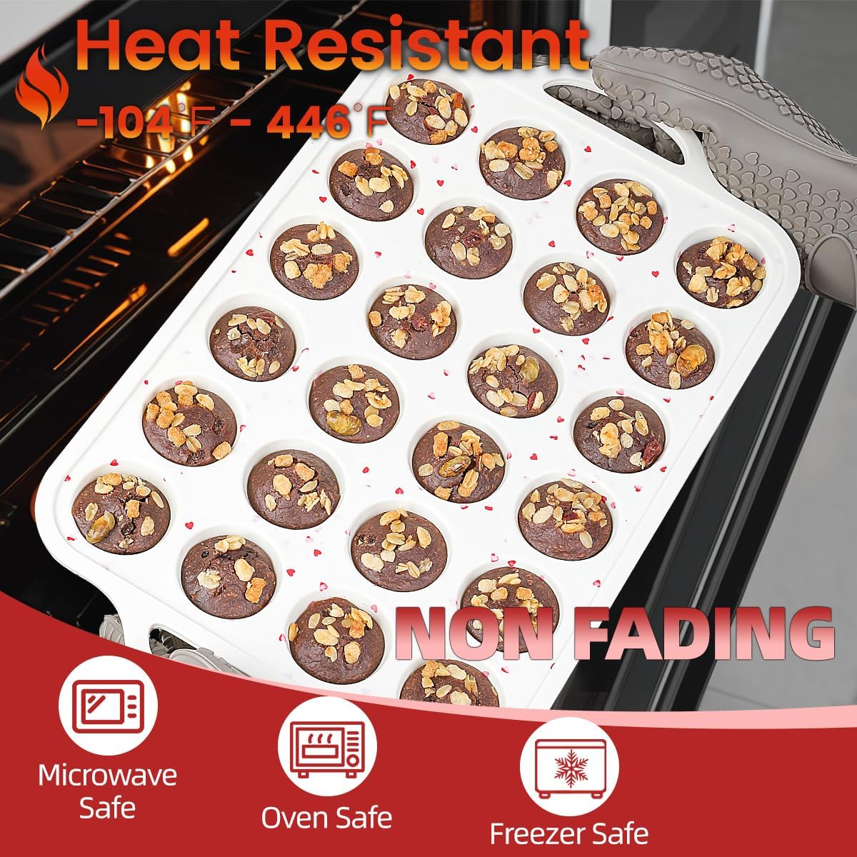 Mini Muffin Pan, Metal Reinforced Frame Mini Cupcake Pans 24 Cups Nonstick Muffin Silicone Molds with Handle for Baking Muffins, Cupcakes, Egg Bites 2 Pack Heart-Shaped