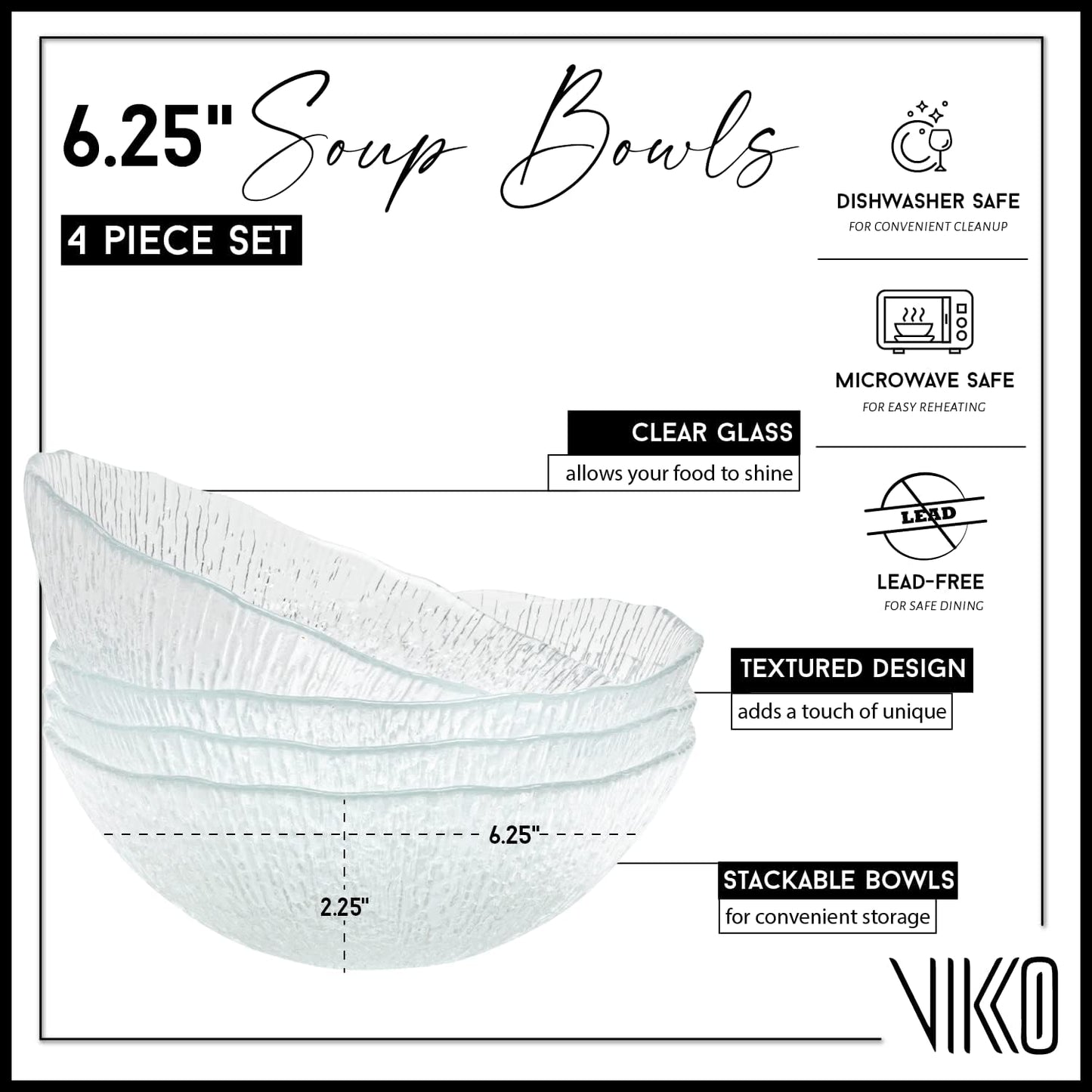 Vikko Soup Bowls, 6.25 Inch Salad Bowls, Glass Soup Bowls, Elegant Textured Glass Bowls, Set of 4, Dishwasher Safe