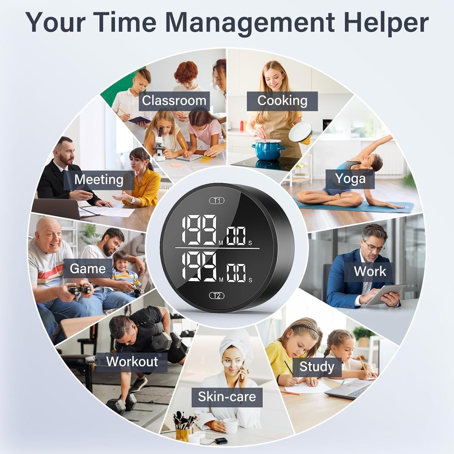 Dual Digital Kitchen Timer for Cooking, 199 Minutes Countdown & Stopwatch, Timer for Fridge, Big Digits, High-Definition Display, Easy Rotary Adjustment, 3 Volumes, 2 Brightness Levels, Black