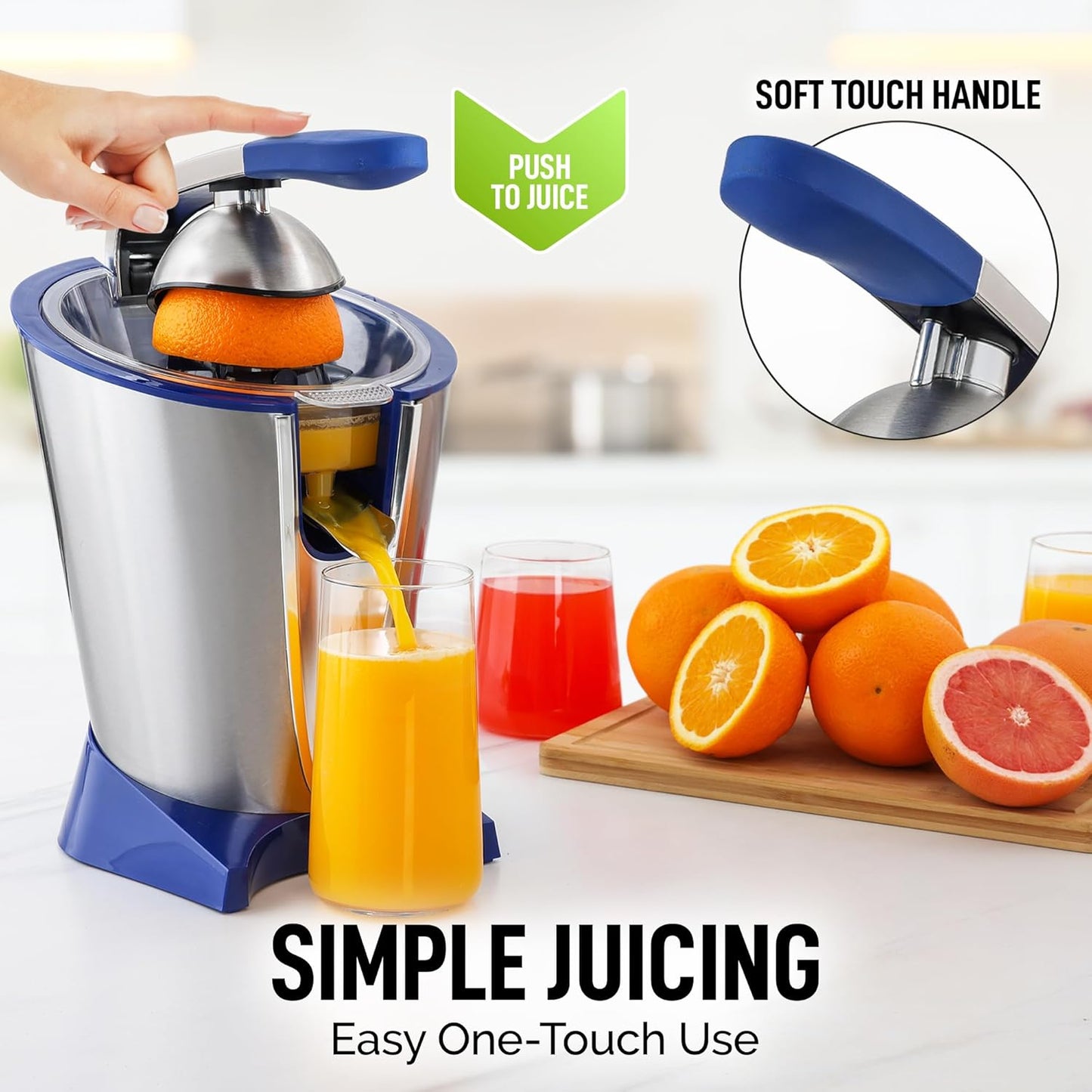 Zulay Electric Citrus Juicer - Makes Fresh Orange, Lemon, Grapefuit, Lime Juice - Stainless Steel, 160W Powerful & Quiet, Interchangeable Cones -Filters Out Seeds & Pulp - Dishwasher Safe Parts - Blue