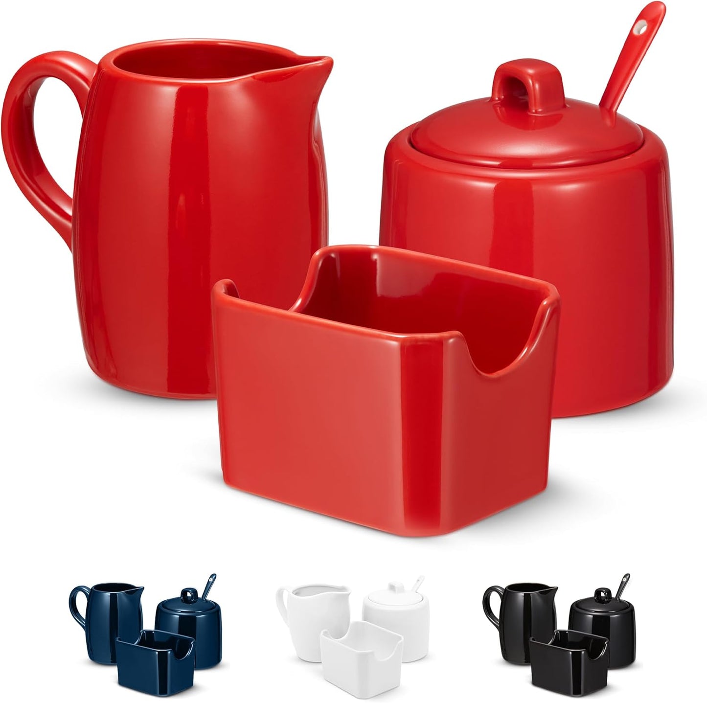 Kook Sugar and Creamer Set, 3 Piece, Pitcher, Sugar Bowl with Lid and Spoon, Sweetener Holder (Red)