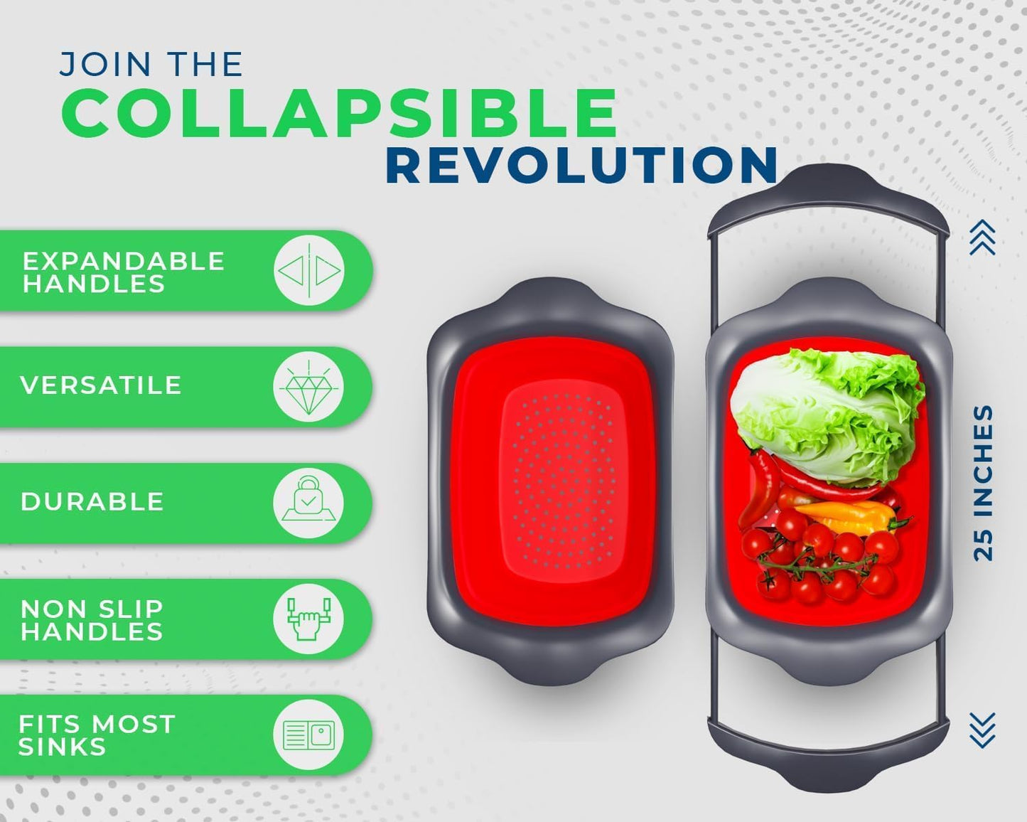 XL Large Kitchen Strainer by Comfify - Collapsible Silicone Over-The-Sink Colander with Extendable Handles - Use with Pasta, Fruit, Berries & Veggie - 6 Quart - Red