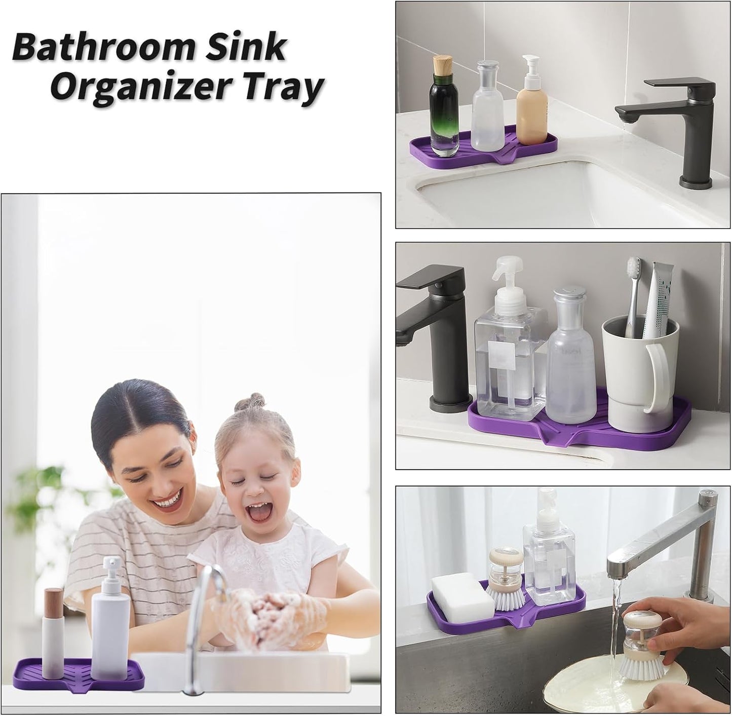 Silicone Bathroom Soap Dishes with Drain Spout-Bathroom and Kitchen Sink Organizer,Sponge Holder,Dish Soap Tray,Perfect for Dispenser,Scrubber,Bottle,Cup on Sink or Counter-Purple 9.6"×5.3"