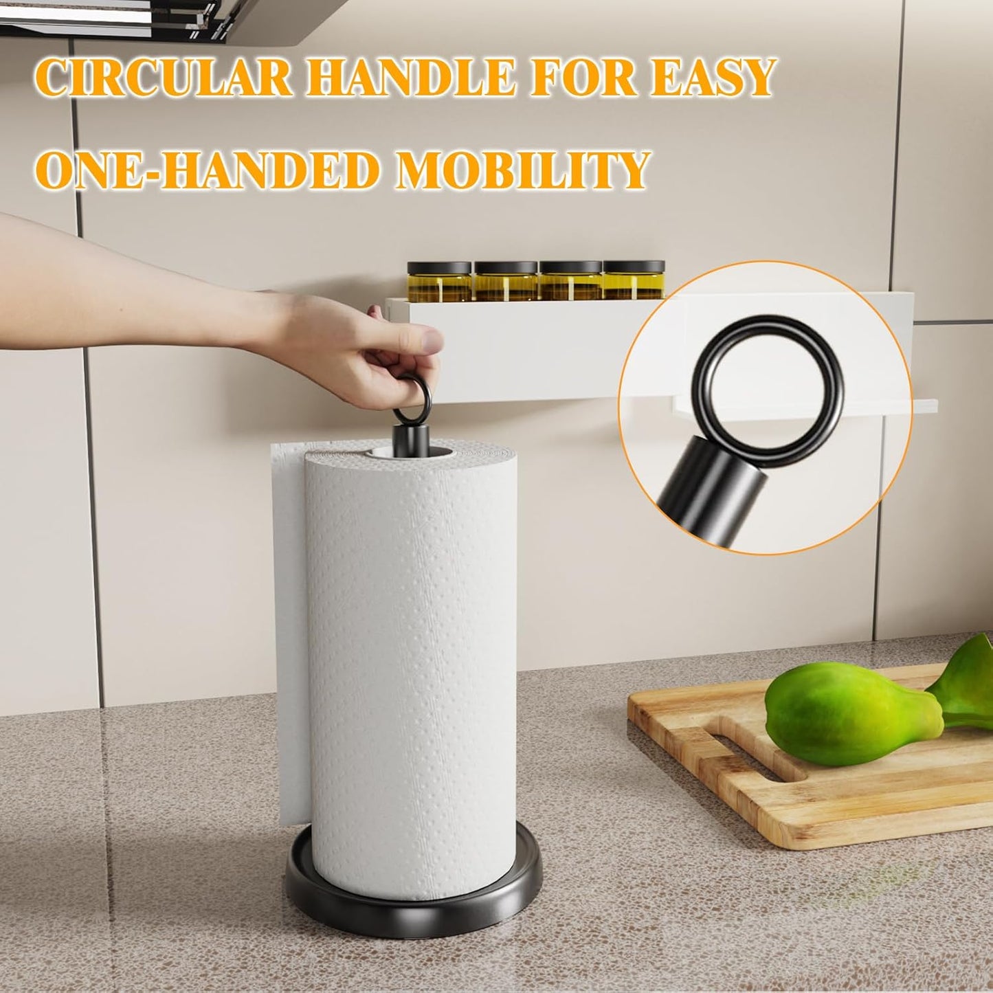 Black Paper Towel Holder Countertop, One-Handed Tear, Stainless Steel, Weighted Base, Ring Paper Towel Holder Stand with Ratchet System for Kitchen Farmhouse Essentials Decor