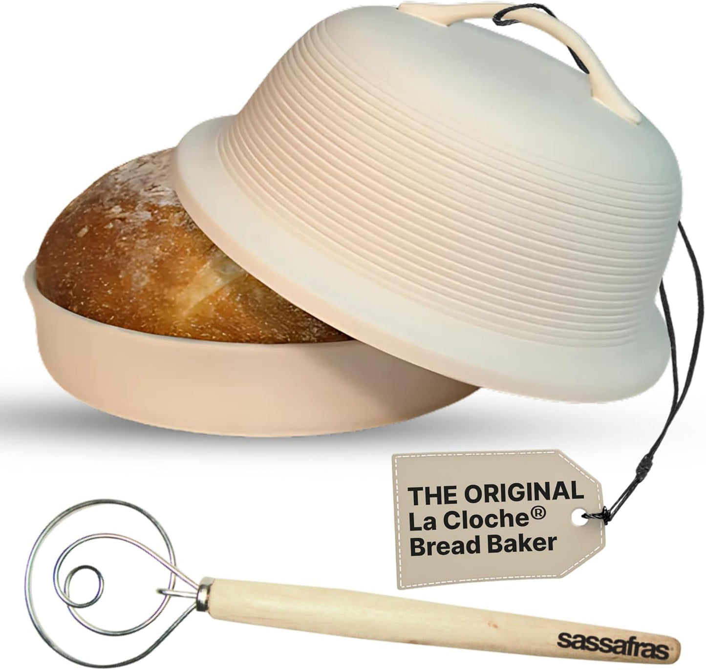 Sassafras Superstone Stoneware La Cloche Bread Baker, Unglazed, Baking Stone for Bread, Capacity 5QT 12”D x7”H with handle, Withstands Temperature 500-2100 Fahrenheit (Bisque + Bread Whisk)