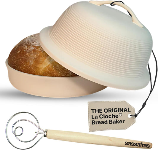 Sassafras Superstone Stoneware La Cloche Bread Baker, Unglazed, Baking Stone for Bread, Capacity 5QT 12”D x7”H with handle, Withstands Temperature 500-2100 Fahrenheit (Bisque + Bread Whisk)