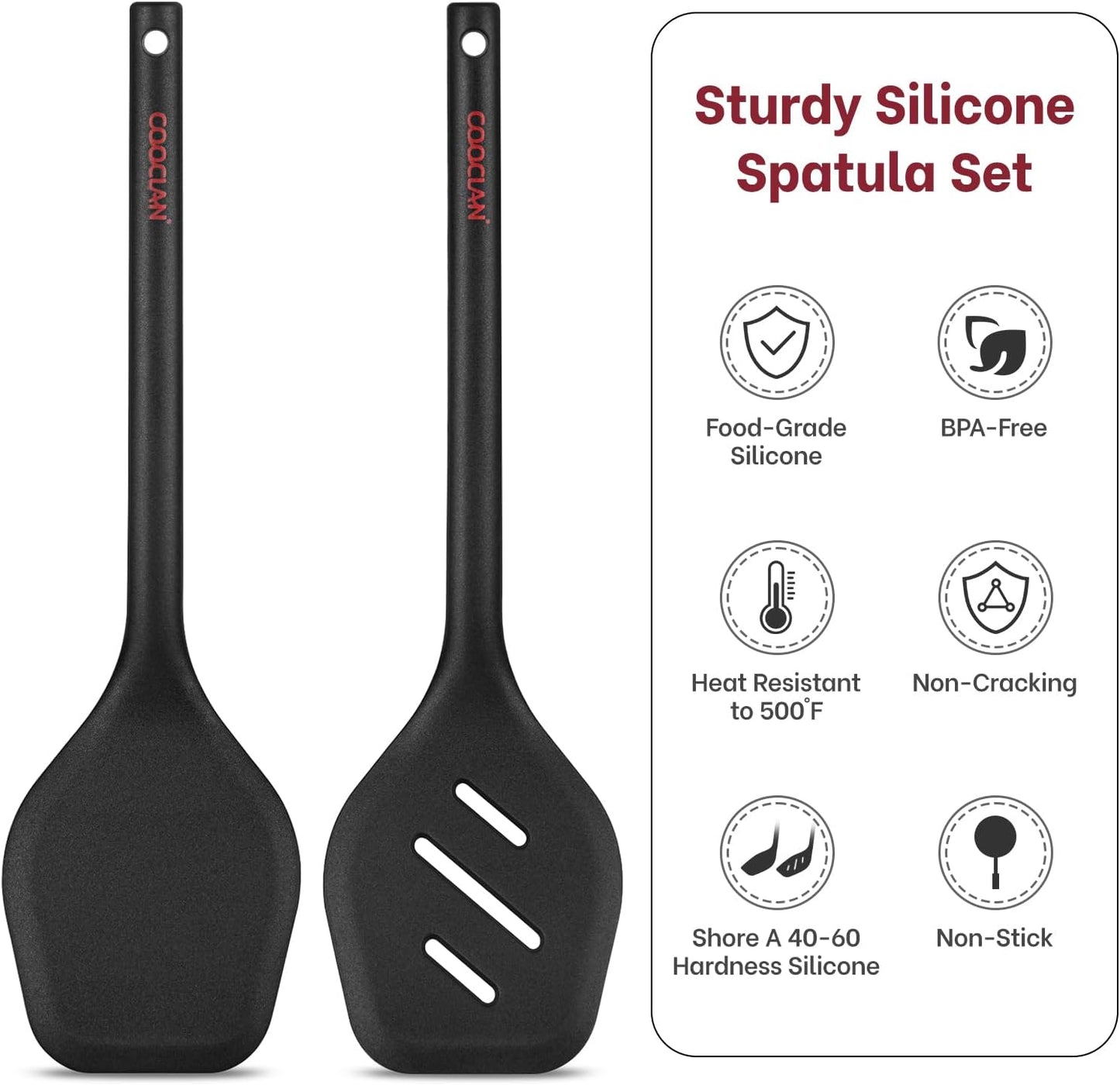 Silicone Spatula Set (BPA-Free), Ultra Heat Resistant Spatulas for Non-Stick Pans, 2 Pack Solid & Slotted Silicone Turner, One-Piece Cooking Spatula Turners for Kitchen Use, Black