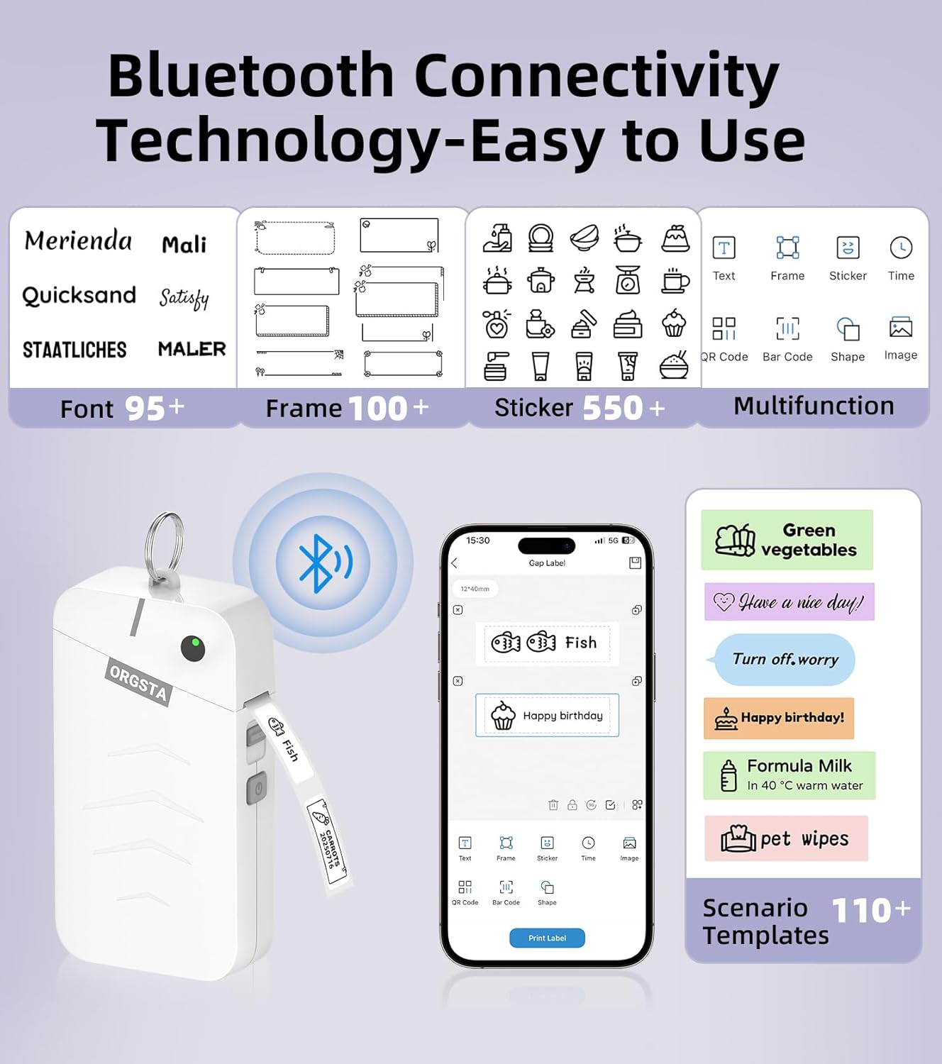 ORGSTA S001 Label Maker Machine with Tape, Portable Bluetooth Label Maker for Home and Office Organization, Thermal Label Printer Mini Sticker Maker with Multiple Templates, White