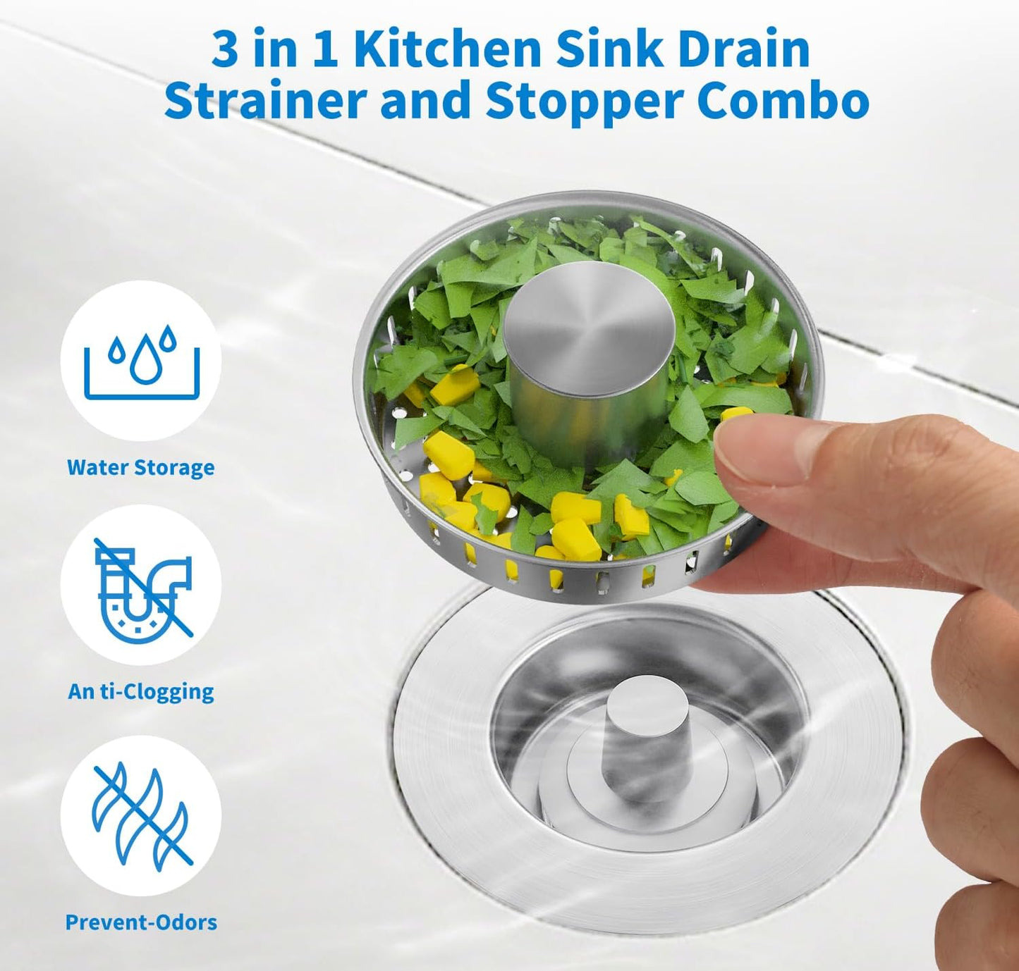 3 in 1 Kitchen Sink Drain Strainer, Upgraded Stainless Steel Sink Stopper Anti-Clogging Pop Up Sink Strainer with Basket Strainer for US Standard 3-1/2" Drain (Silver-2Pcs)