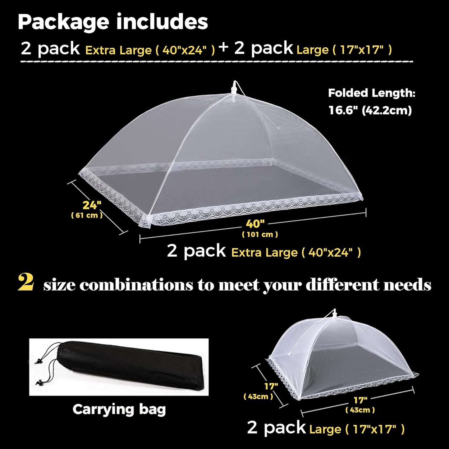 Food Covers for Outside Mesh,2 Pack 40"X24" + 2 Pack 17"X17" Extra Large Pop Up Mesh Food Tent Net Umbrella Food Covers for Outdoors Picnic Party BBQ Supplies,Food Nets for Outdoors