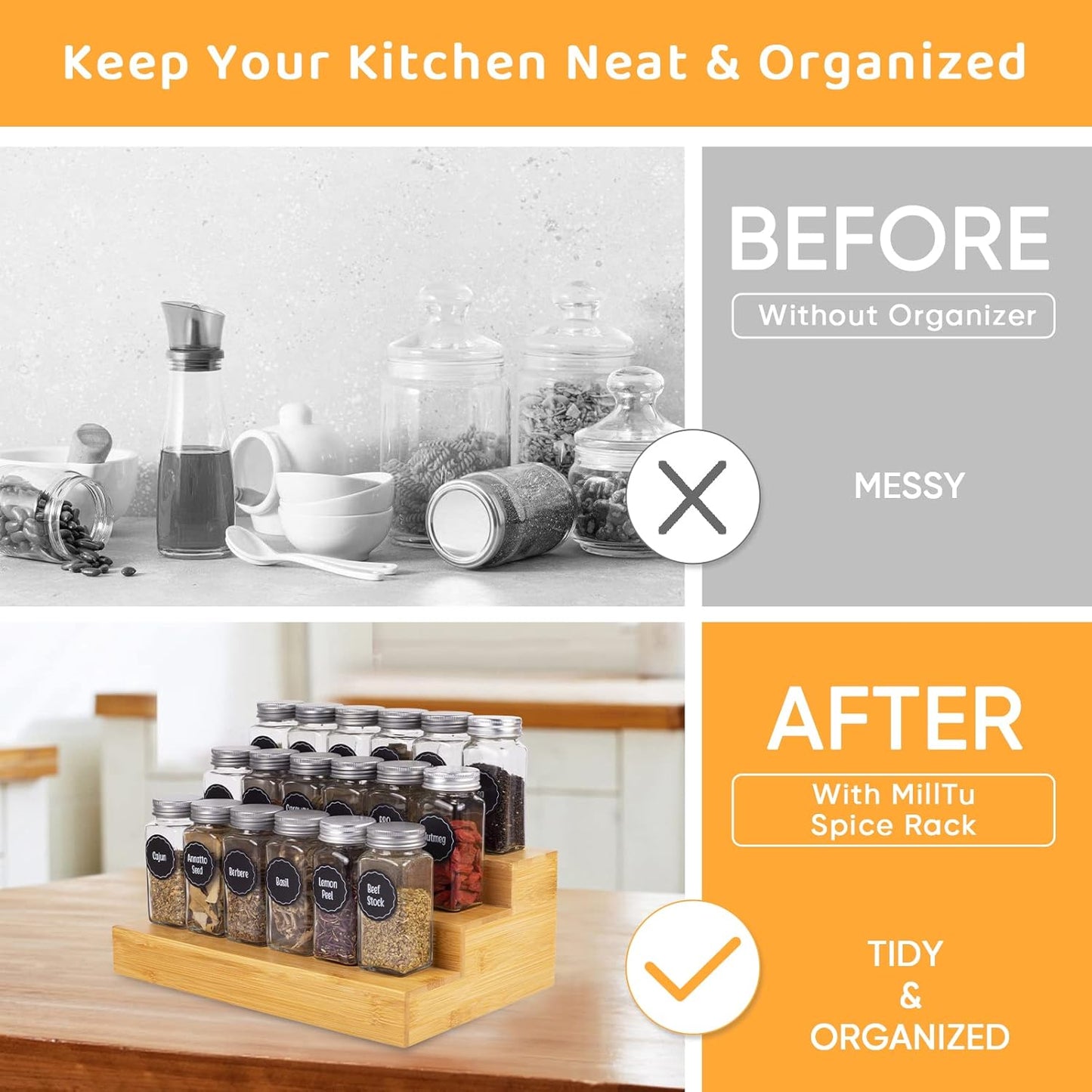 Bamboo Spice Rack Organizer for Cabinet 3 Tier Countertop Step Spice Shelf for Kitchen Storage and Organizer (2 Pack, Cabinet)